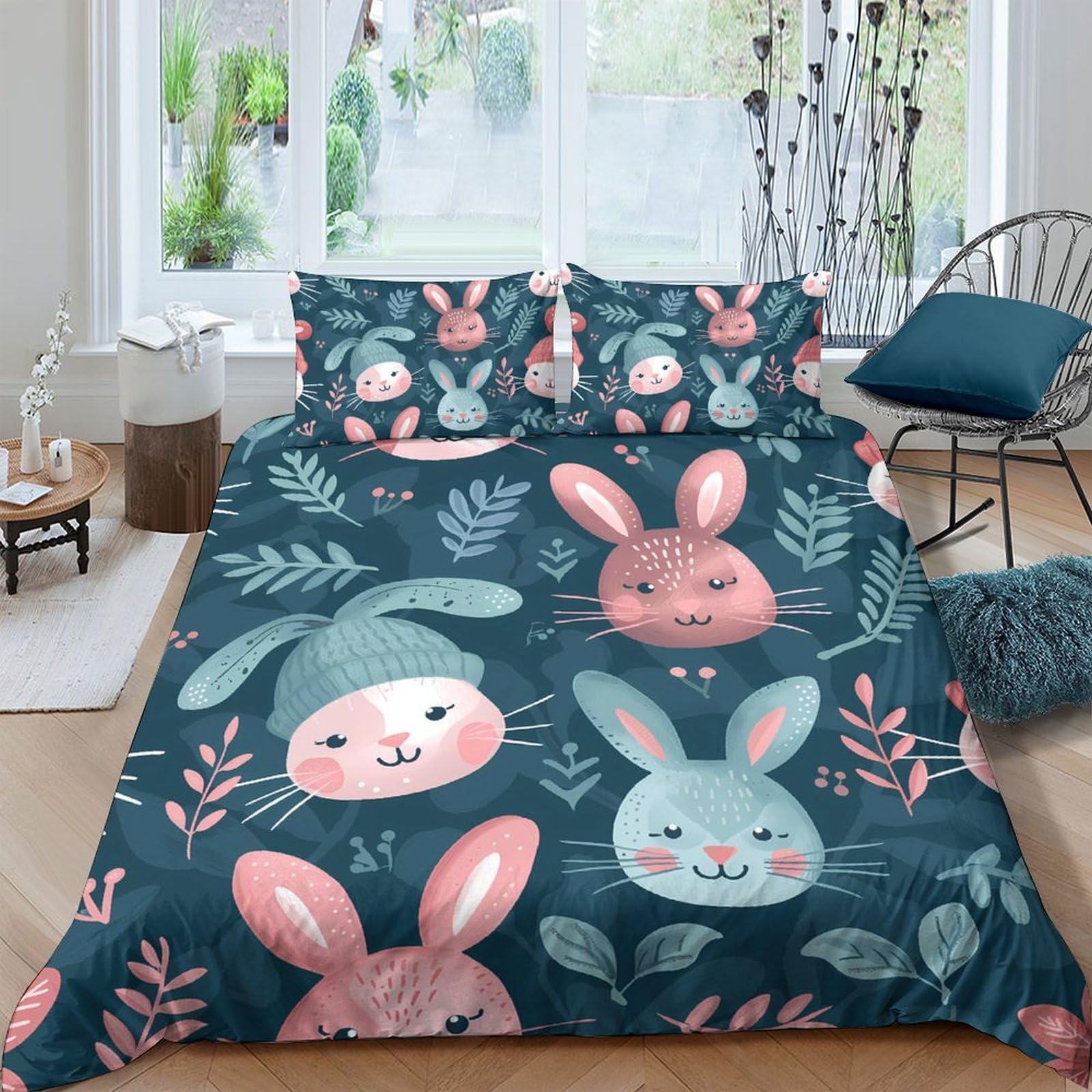 Ctjqhvkz Style-1 3D Printed Cartoon Bunny Fitted Sheet Microfiber Soft Pink Blue Rabbit Mattress Cover For Bedroom Guest Room Decor Single（135X200cm）