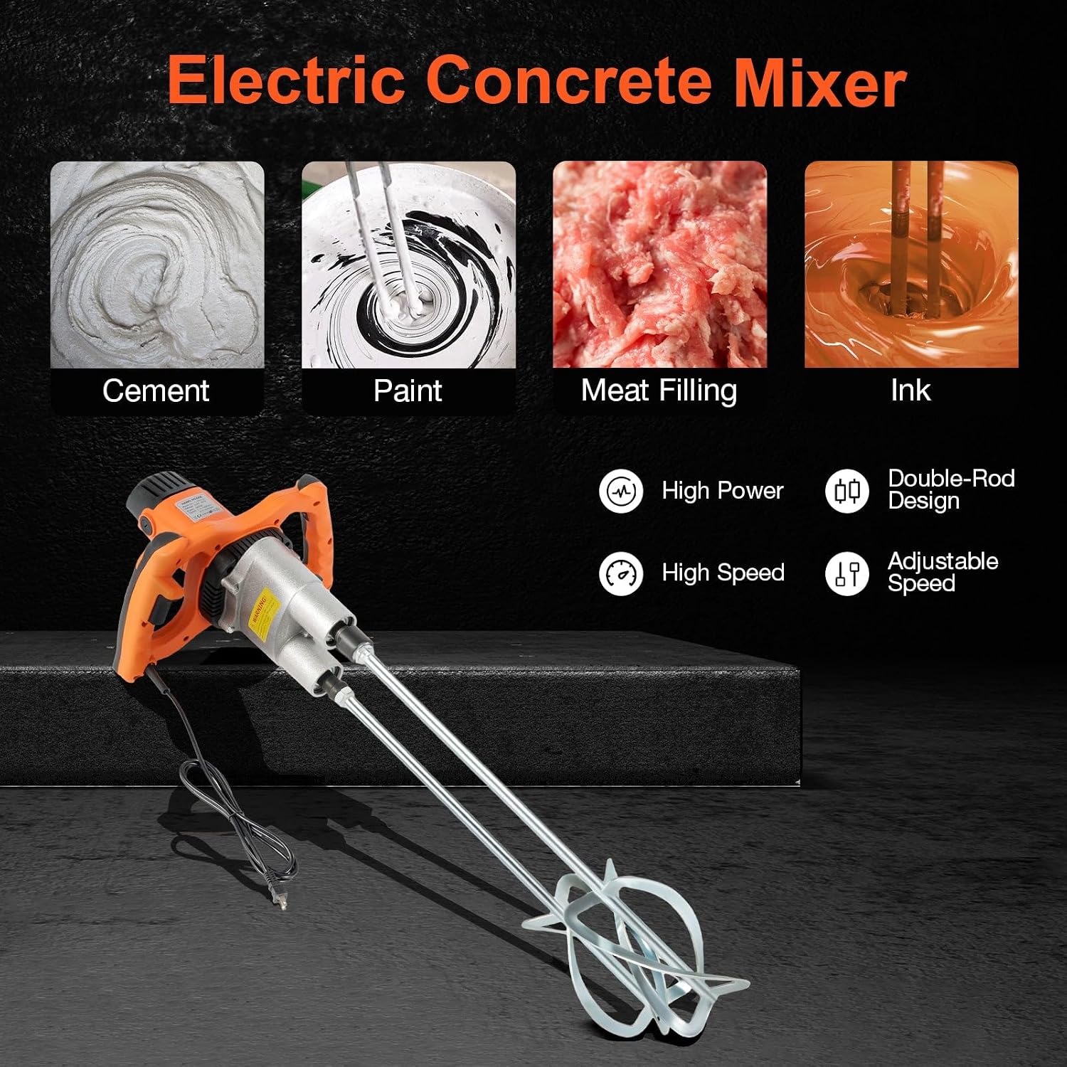 1800W Double Rod Handheld Electric Concrete Mixer - Heavy Duty Cement, Mortar & Sand Mixing Tool, Adjustable Speed, Durable Construction, for Builders