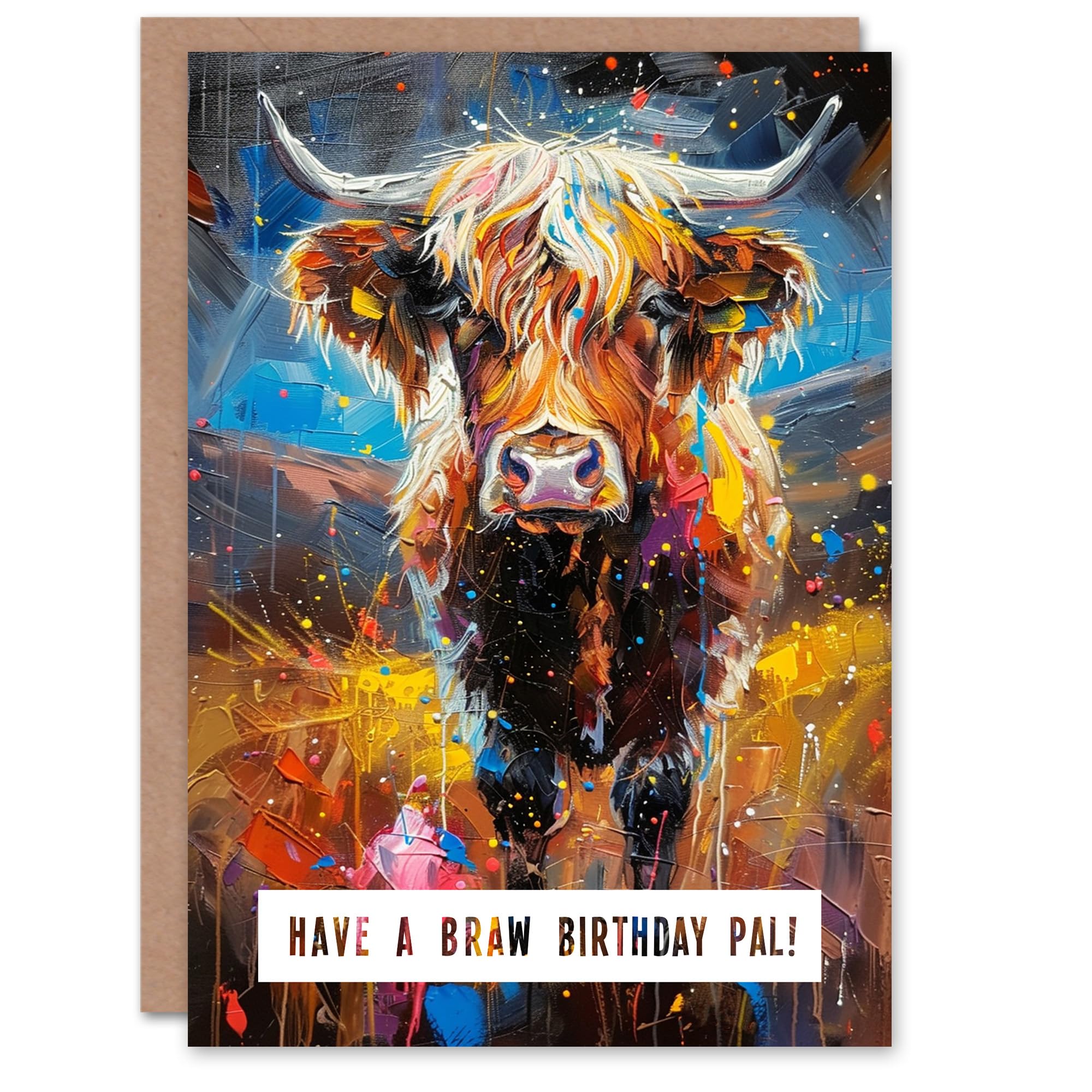 Artery8 Birthday Card Colourful Highland Cow Painting Scottish Slang Blank Arty Art All Occasion Greeting Card