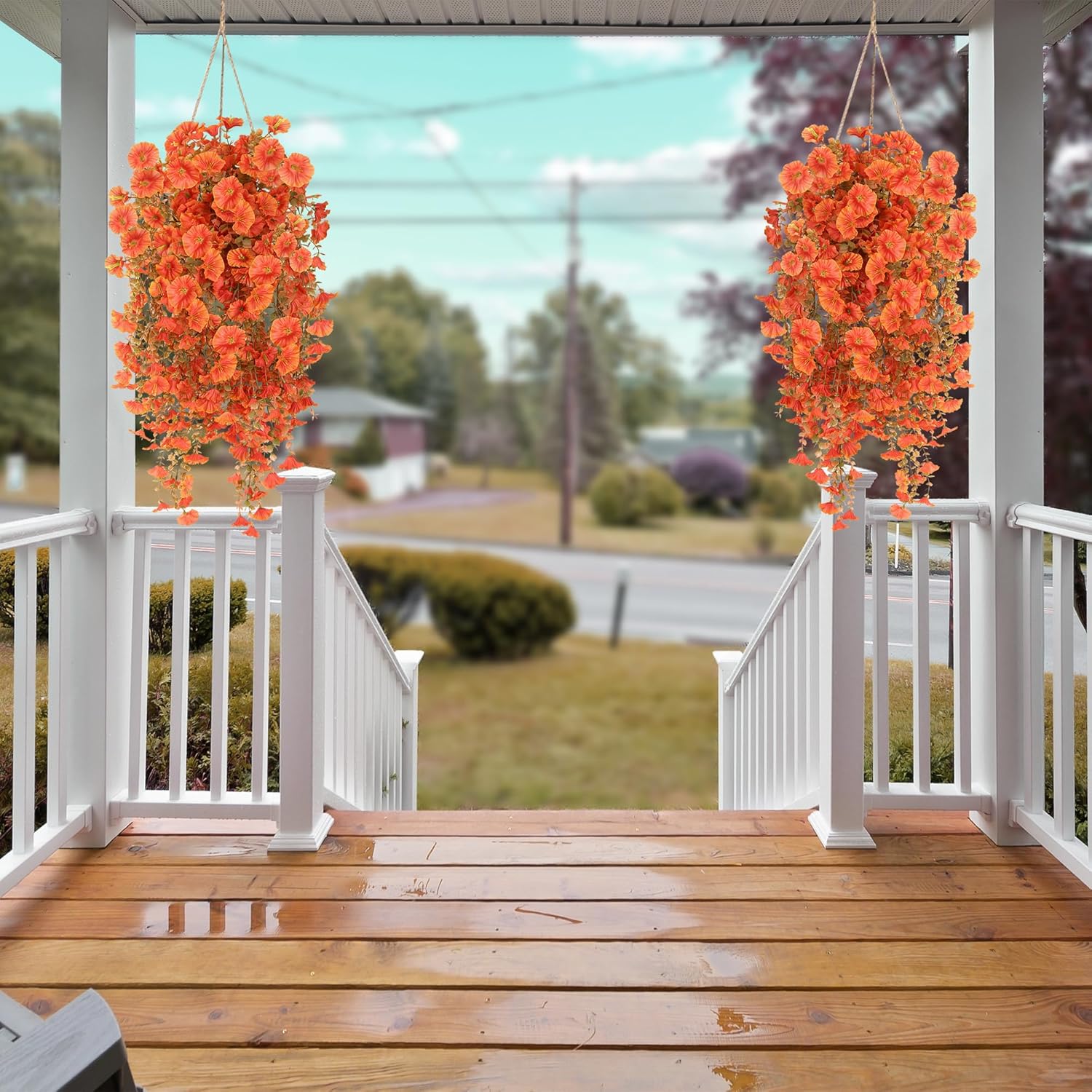 Artificial Fake Hanging Flowers Plants for Outdoor Outside Spring Summer Decoration 2PCS Faux Silk UV Resistant Realistic Morning Glory with Eucalyptus for Home Porch Patio Balcony(Fall Orange) - Image 3
