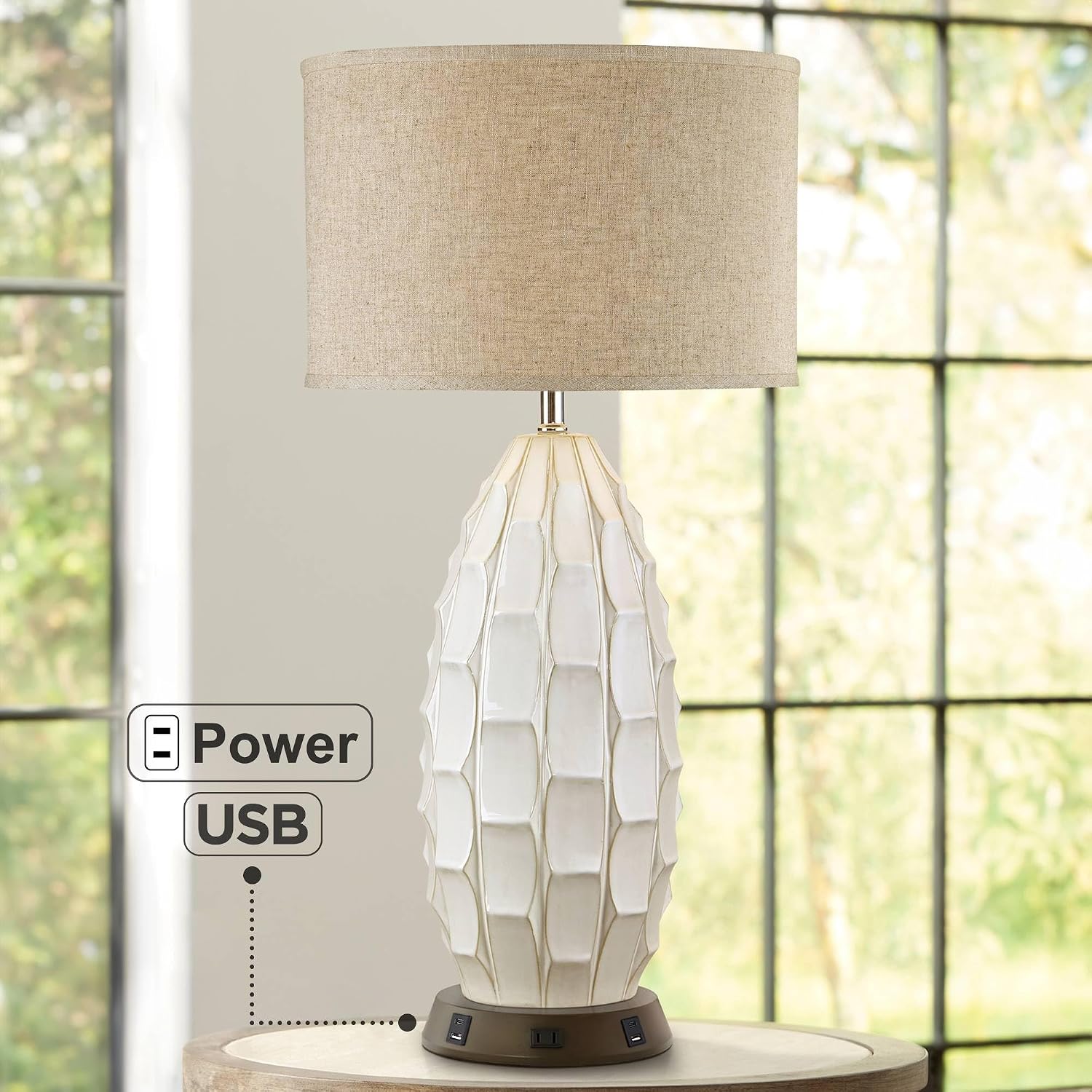 Possini Euro Design Cosgrove Mid Century Modern Coastal Table Lamp with USB and AC Power Outlet Workstation Charging Base Oval 32.75" Tall White Ceramic Beige Fabric Drum Shade for Living Room