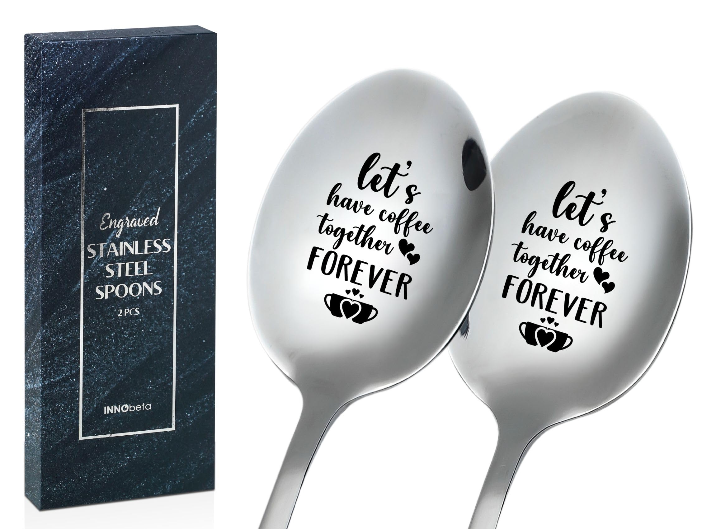Coffee Spoons for Couples, 2 Pcs Stainless Steel Engraved Coffee Spoons, Coffee Lovers Gifts, Gift Ready Package, Let's Have Coffee Together Forever