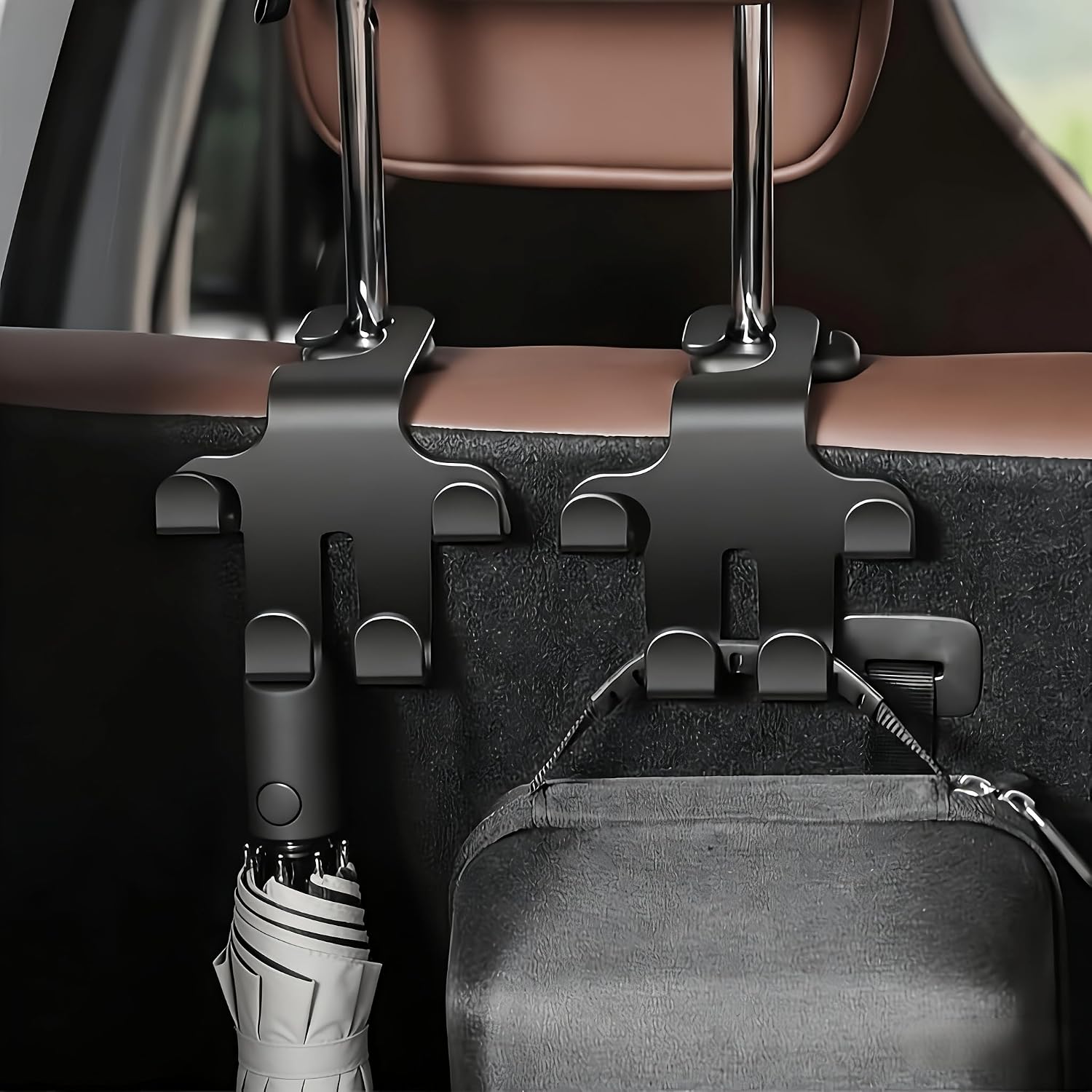 2PCS Car Headrest Hooks w/Phone Holder, Multi-Use Organizer for Bags & Groceries, Non-Slip Seat Accessory for Vehicle, 2PCS