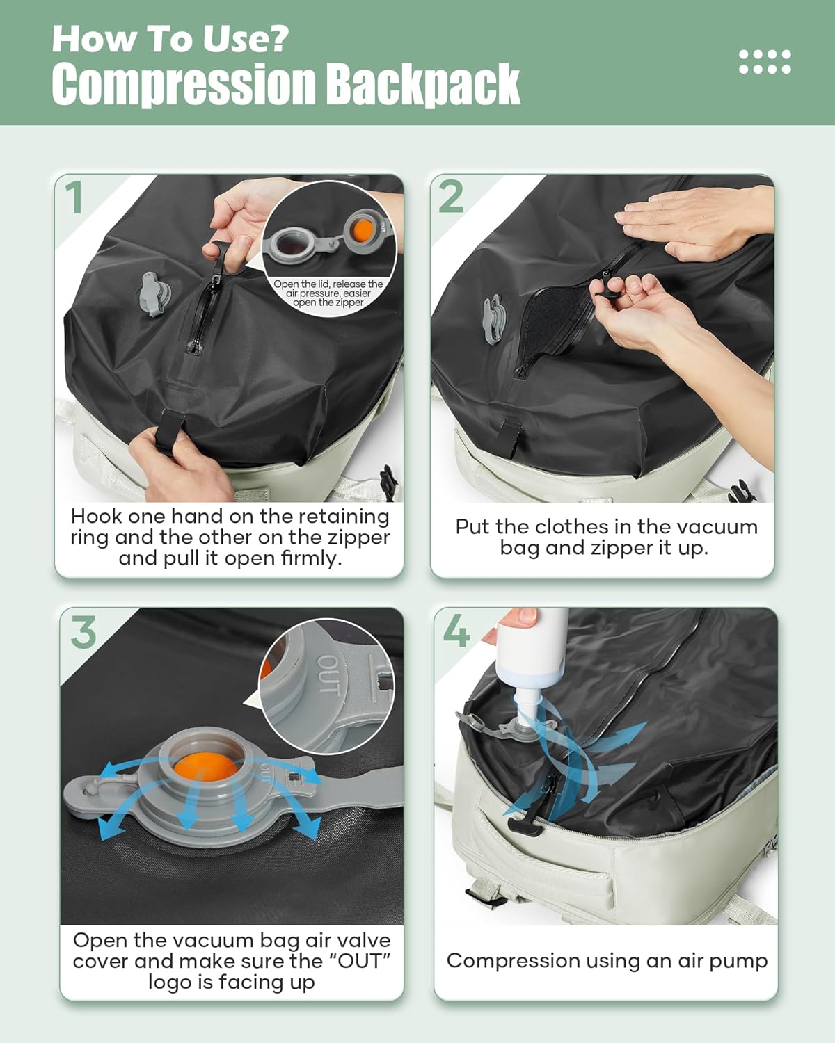 Vacuum Seal Compression Travel Backpack for Women Men AirVacpack Travel Vacuum Bags with Pump Laptop Backpack with Shoe Compartment Carry On Suitcase Luggage Flight Approved Mint Green