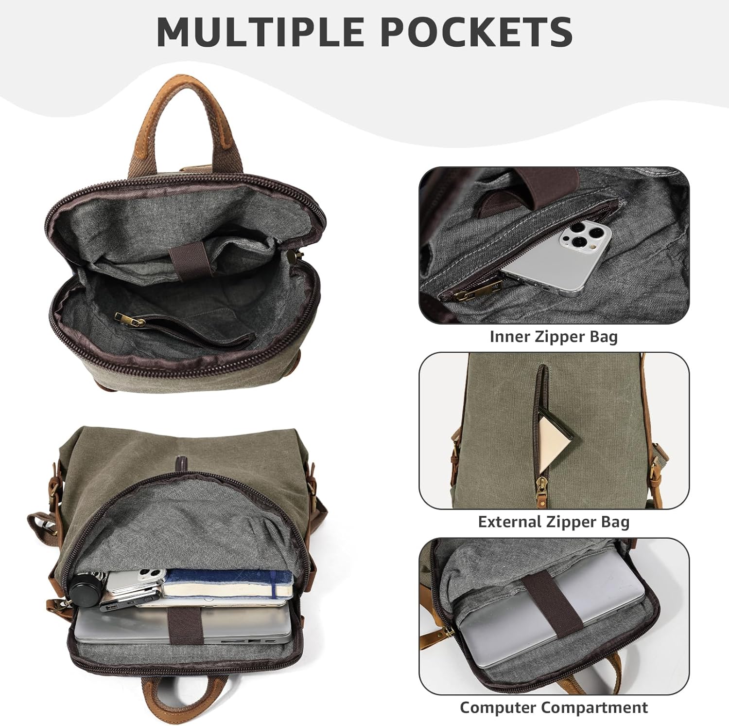 KL928 Vintage Canvas Backpack for Men Women, Laptop Rucksack Daypack Backpacks, Outdoor Travel Bagpack, Olive Green