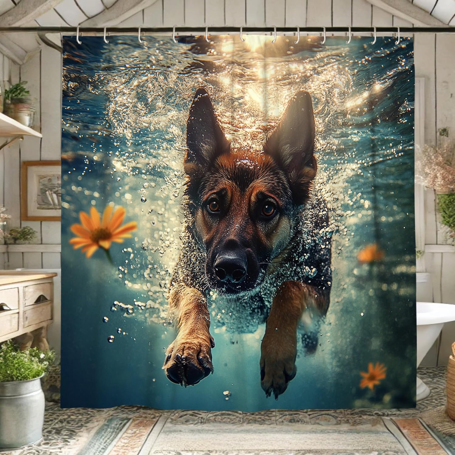 German Shepherd Shower Curtain, Underwater Dog Photography Bath Curtain for Bathroom Decor, Spring Summer Modern Waterproof Fabric Shower Curtain Set with Hooks 62x72 Inch