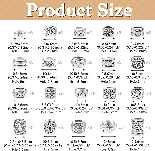 Miniatura 3 de Beadthoven - 100 cuentas de aleación de plata tibetana de 20 estilos, cuentas de agujero grande, cuentas de tubo de plata antigua, cuentas de barril