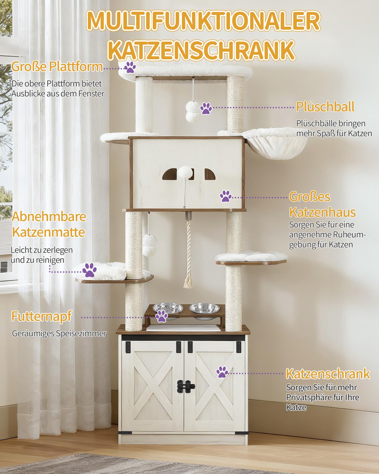 Hzuaneri Kratzbaum mit Katzenklo Schrank, 173 cm Hoch, Weiß und Braun | Kratzbaum, Futterstation, Großer Plattform, Sisalseil, Hängematte, Waschbares Kissen, Plüschbälle, Weiß und Braun CB89014WT