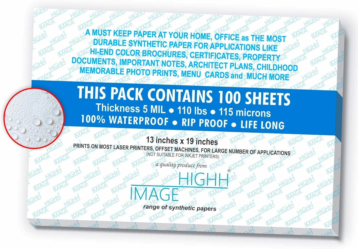 WATERPROOF PAPERS TEAR-PROOF PAPER, WEATHER-PROOF PAPER 13X19" 100 SHEETS, 110 LB THICK 5 MIL LASER PRINTER PAPER