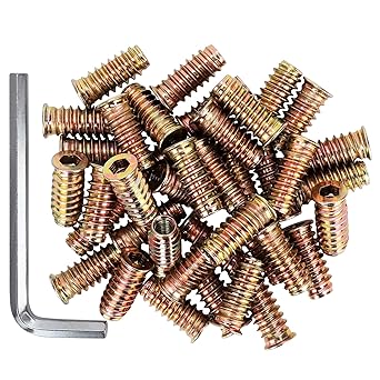 40 Pcs 1/4 Threaded Wood Inserts, 1/4''-20 x 25mm Threaded Inserts for Wood, Nut Inserts, Carbon Steel Furniture Screws with Spanner, Bolt Fastener Connector Hex Socket Drive for Wood Furniture