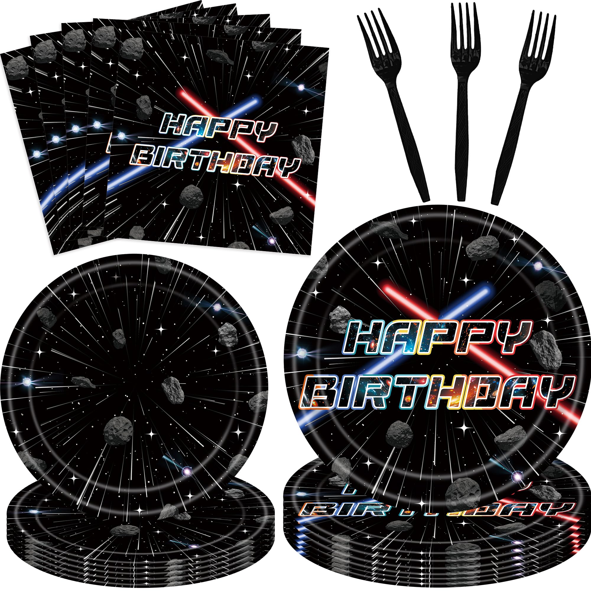 96 Pieces Space Galaxy Birthday Tableware Set – Outer Space Disposable Plates, Napkins, and Black Forks with Laser Light and Asteroid Designs for Kids Boys Birthday Parties Celebrations