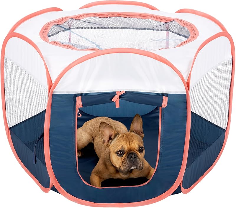Cercadinho Dobrável para Cães e Gatos Furhaven com Tela Mesh e Zíper, Azul-marinho, Pequeno