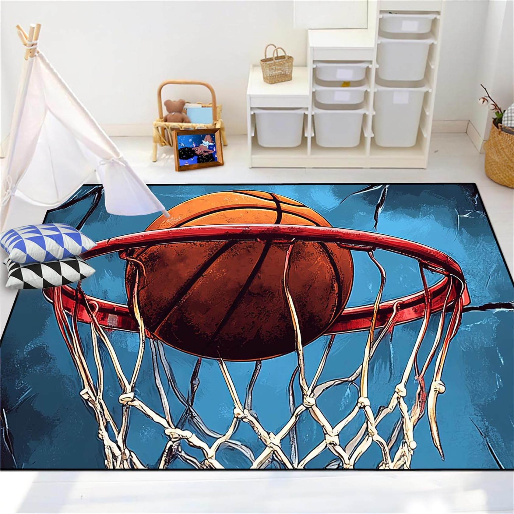 Basketball Rug for Boys Bedroom - Basketball Hoop Sports Rugs, Sports Theme Boys Room Decor Kids Carpet for Playroom Living Room, 4x5 Feet