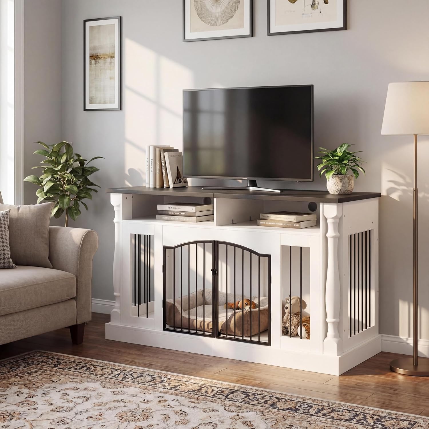 GAOMON 63 Inch Double Dog Crate TV Stand, Heavy Duty Wooden Dog Crate Furniture for 2 Dogs, Dog Kennel Indoor Furniture Ideal for 2 Dogs