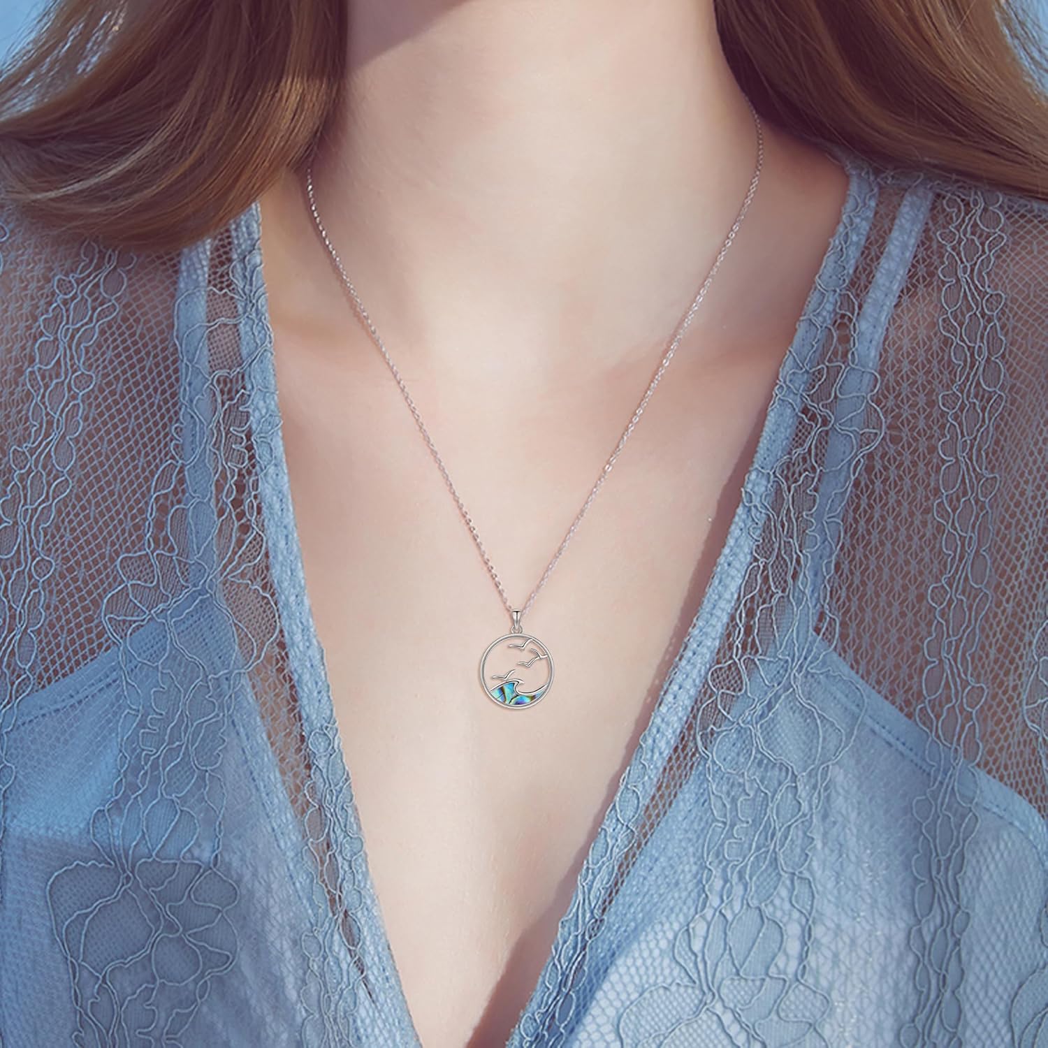 Wave Necklace 925 Sterling Silver Abalone Shell Wave Pendant Wave Jewelry Summer Ocean Beach Gifts for Women - Image 2
