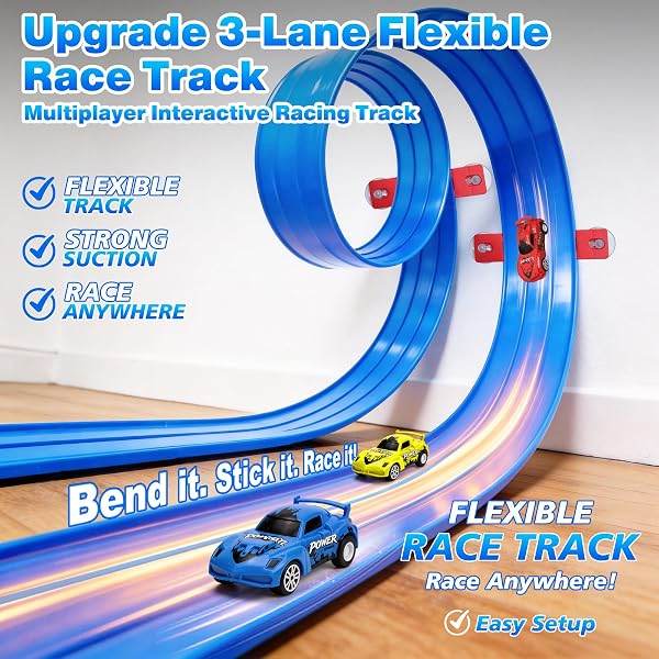 Flexible Autorennbahn Kinder, 3-Spur 5M Rennbahn Inklusive 6 Autos, Autorennbahn Race Car Track für 1/64th Autos, Hot Wheels Bahn Geschenke für 3 4 5 6 7 8 Jahre Jungen Mädchen - 2