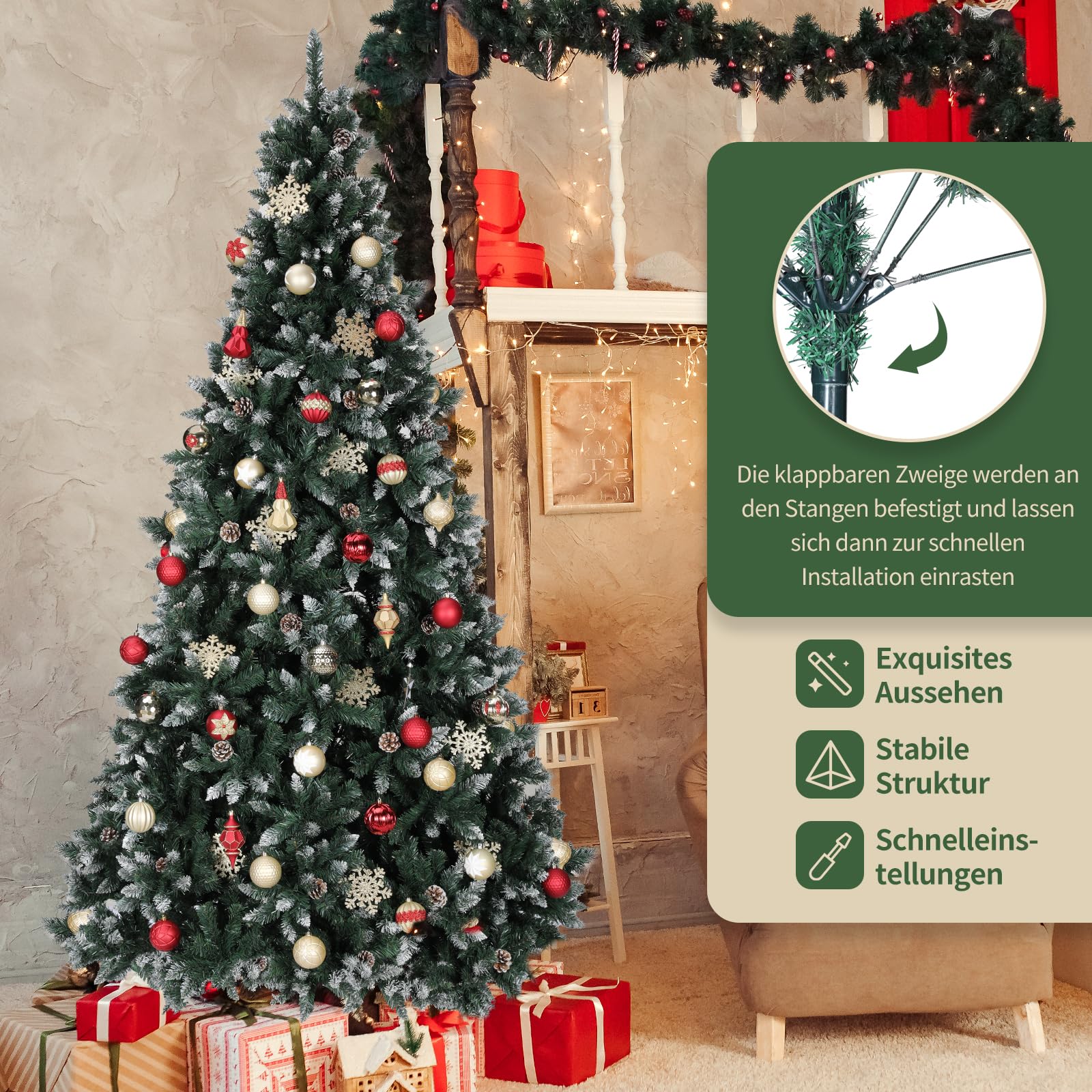 LIFERUN Albero di Natale Innevato 180cm, Albero di Natale Artificiale con 32PCS Pigne, Super Folto, Effetto Realistico e Rami con Aghi Anticaduta, Supporto in Legno, 1092 Punte, Decorazione Natalizia