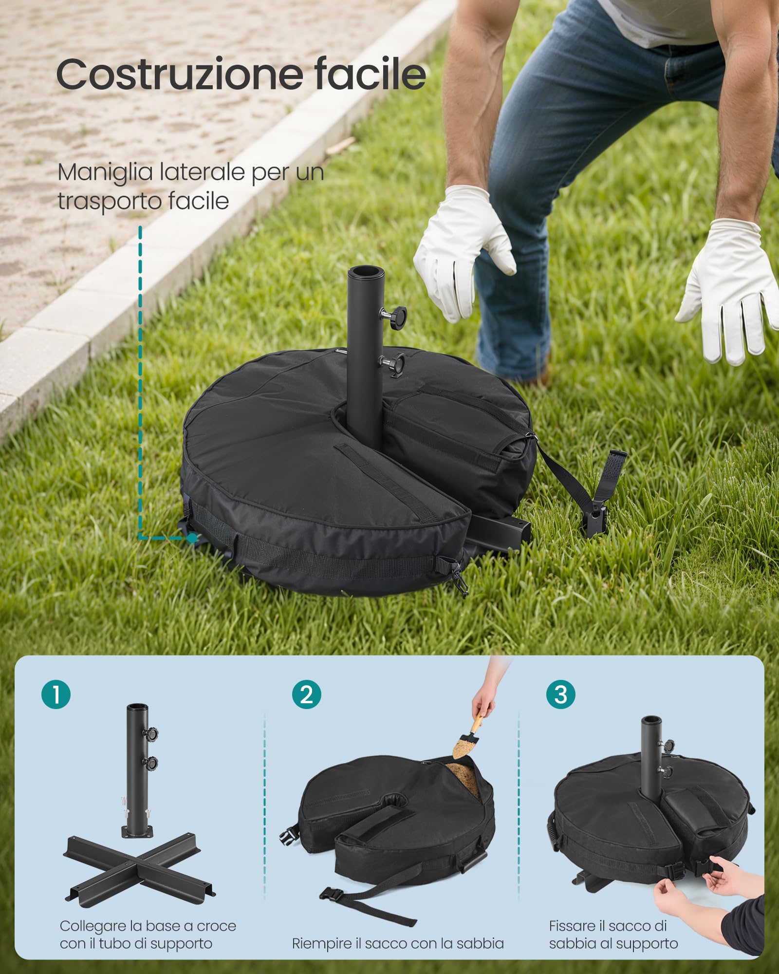 SONGMICS Base per Ombrellone, Supporto per Ombrellone, Riempibile con Sabbia, Porta per Ombrelloni da 1,5 a 3 m, con 3 Anelli Riduttori, Nero GUB0041B01