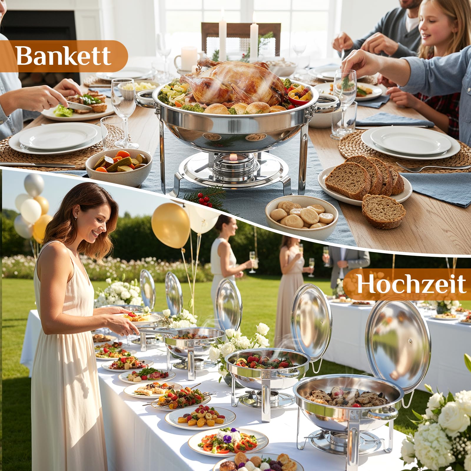 TLGREEN 4 Pezzi Set Chafing Dish Buffet Rotondo 4X5L, Scaldavivande in Acciaio Inox Contenitore Vassoio di Riscaldamento con Coperchi Pentole per Catering, Matrimoni, cene, Buffet, Feste