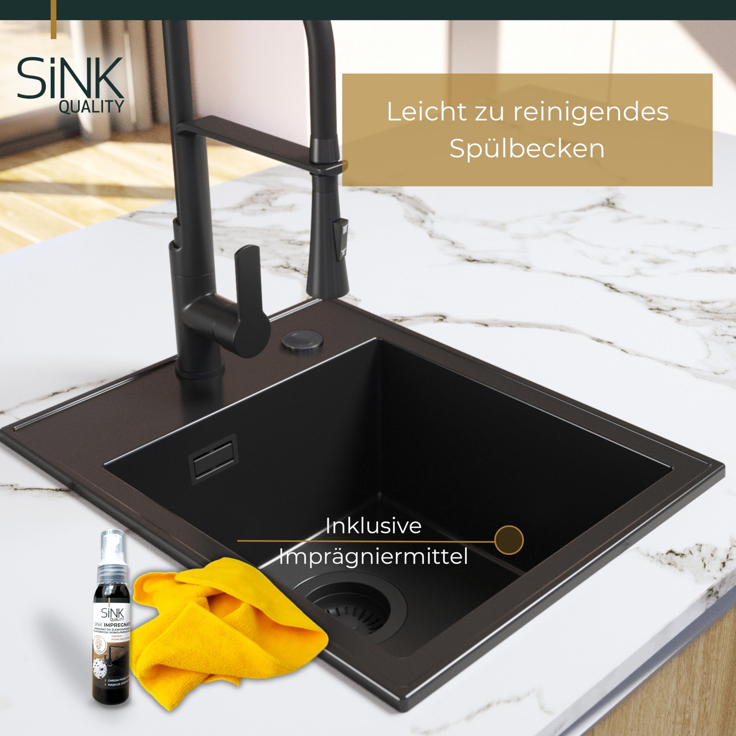 SINK QUALITY Spülbecken Alles Schwarz Set mit Armatur 40x50 cm - Granitspüle Set mit Küchenarmatur, Siphon Schwarz und Imprägnierung - Spüle ohne Abtropffläche für Unterschränke ab 40 cm Breite