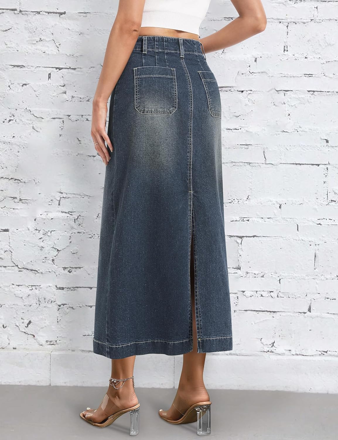Long Denim Skirt for Women Stretch Maxi Skirt with Back Slit High Waisted Jean Skirts with Pockets Casual Vintage Blue - Image 2