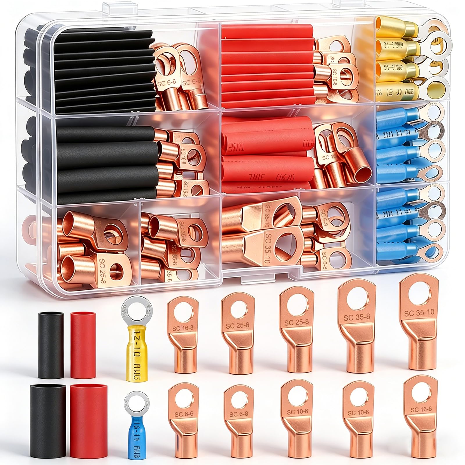 Twidec/130PCS Battery Cable Lug Copper Connector Wire Ring Terminal AWG2-16