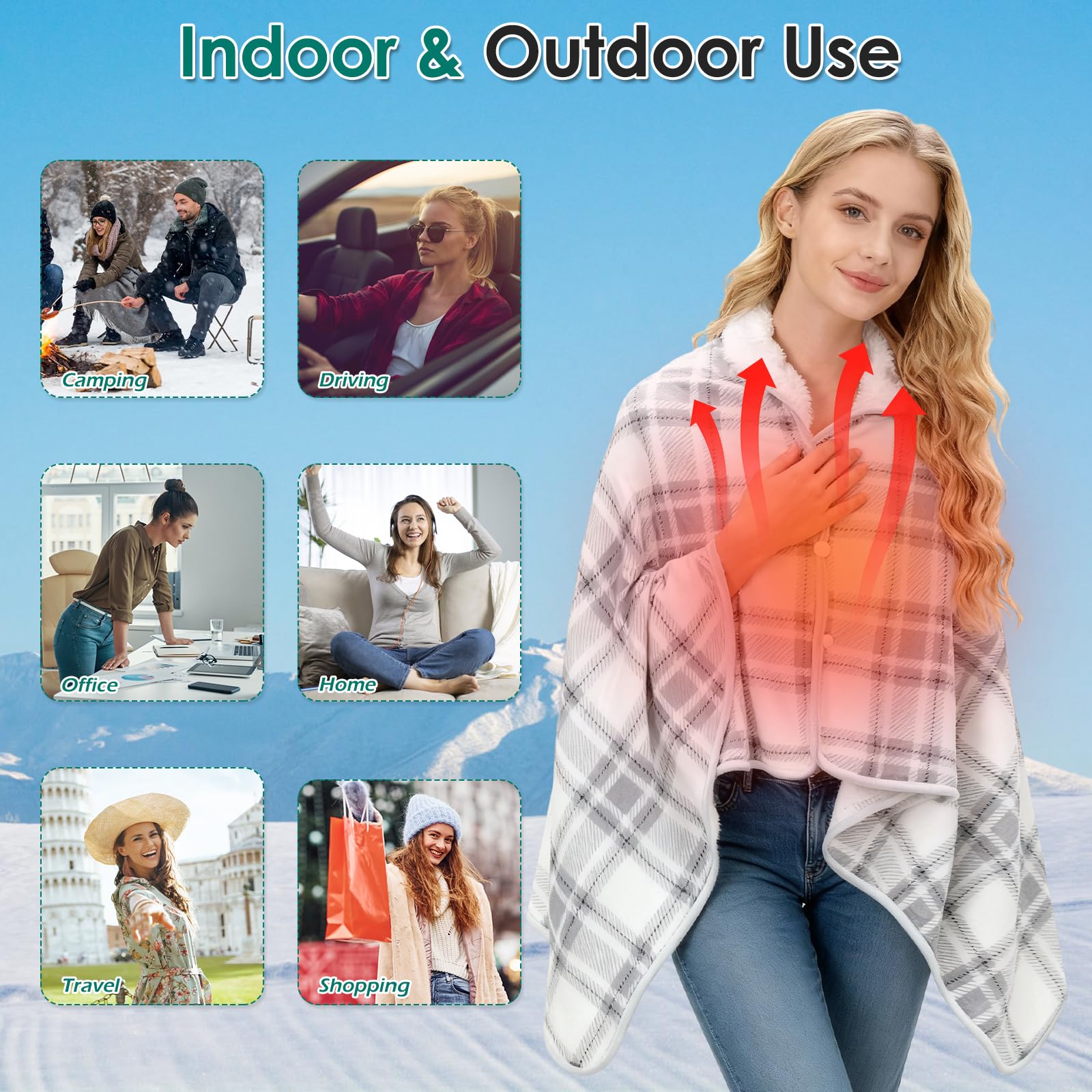 Plaid Riscaldato USB Portatile con Batteria 10000mAh, Sciarpa Termica Extra Large con 3 Livelli di Temperatura, Coperta Riscaldabile Indossabile Poncho Mantella con Chiusura a Bottone