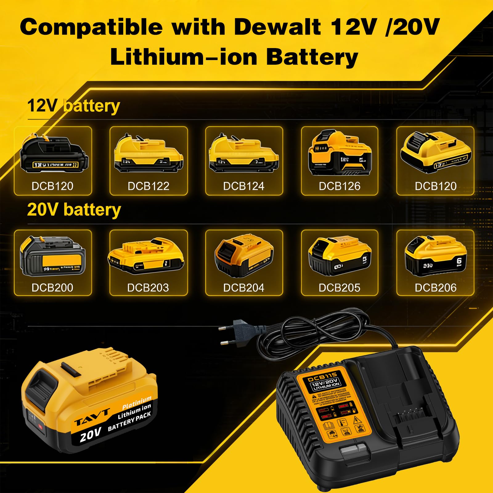2 baterías de iones de litio de 20 V y cargador compatibles con máquinas Dewalt 20 V XR