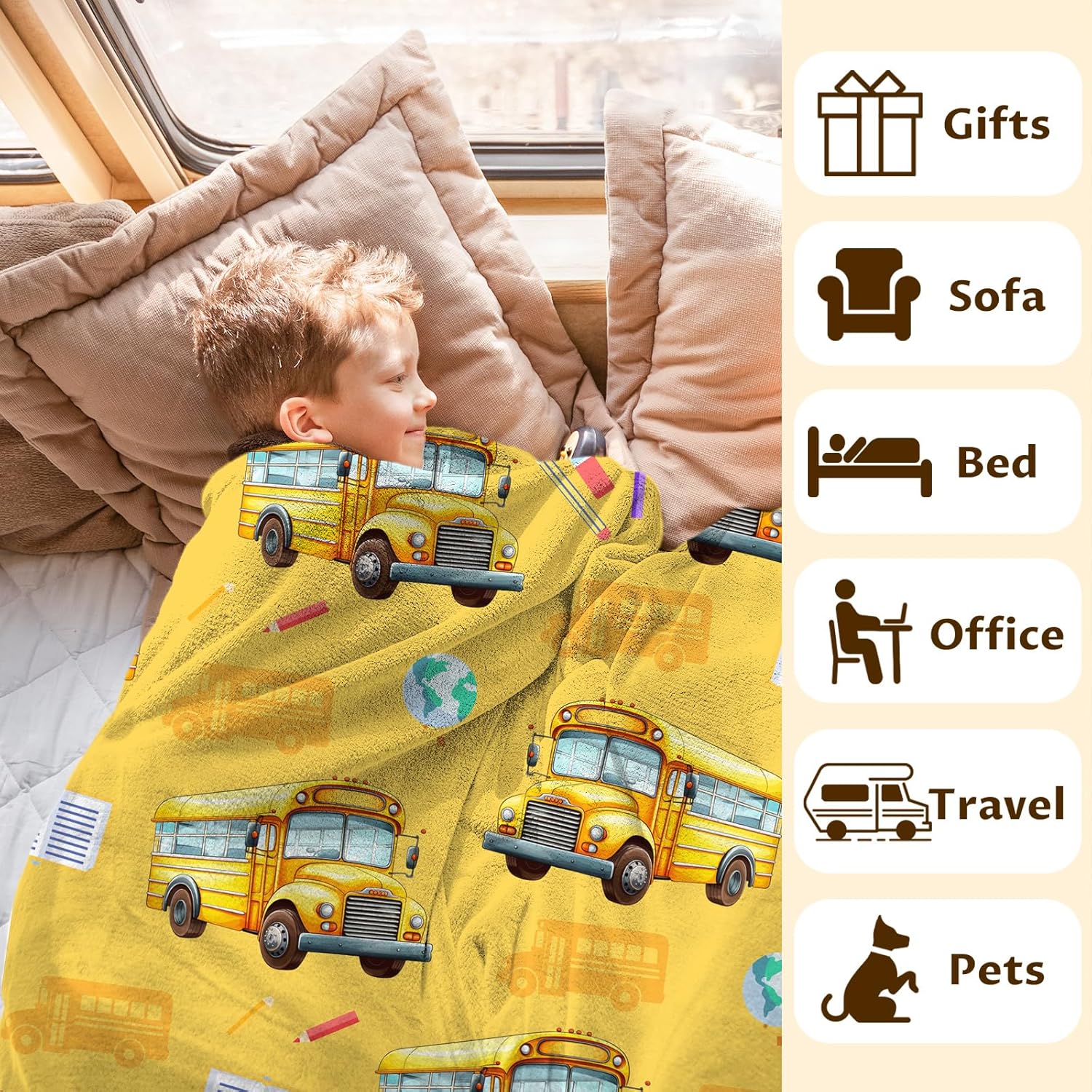 Boys Blanket School Bus Throw Blankets Gift for Kids Adults Birthday - 50x60 Inches Comfy Lightweight All Season Decor Throw for Sofa Couch Bed Office
