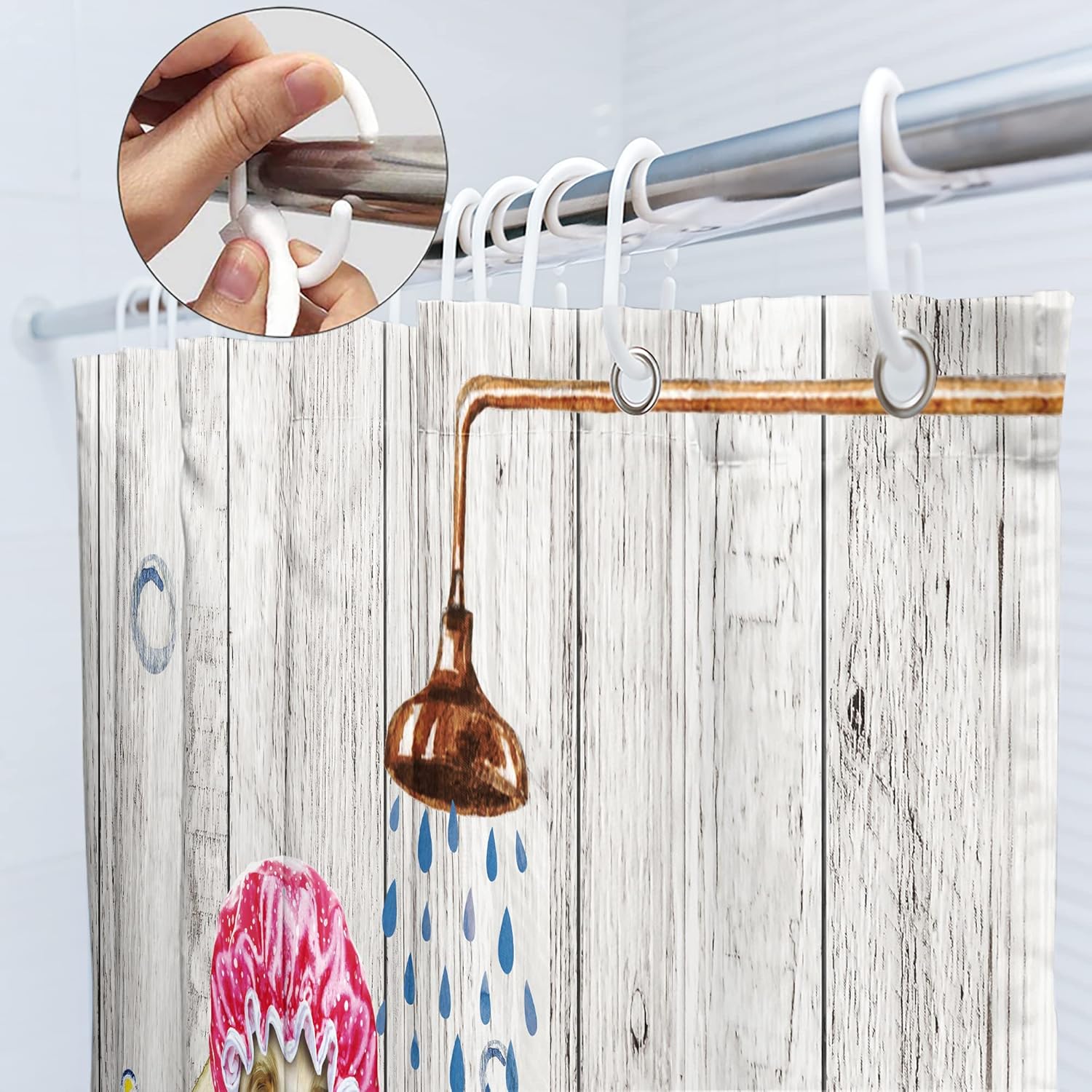SVBright Funny Dog Shower Curtain 60Wx72L Inch Cute Kids Farmhouse Vintage Animals Puppy Shower Wooden Plank Bubbles Rustic 12 Pack Hooks Polyester Waterproof Fabric Bathroom Bathtub Panels