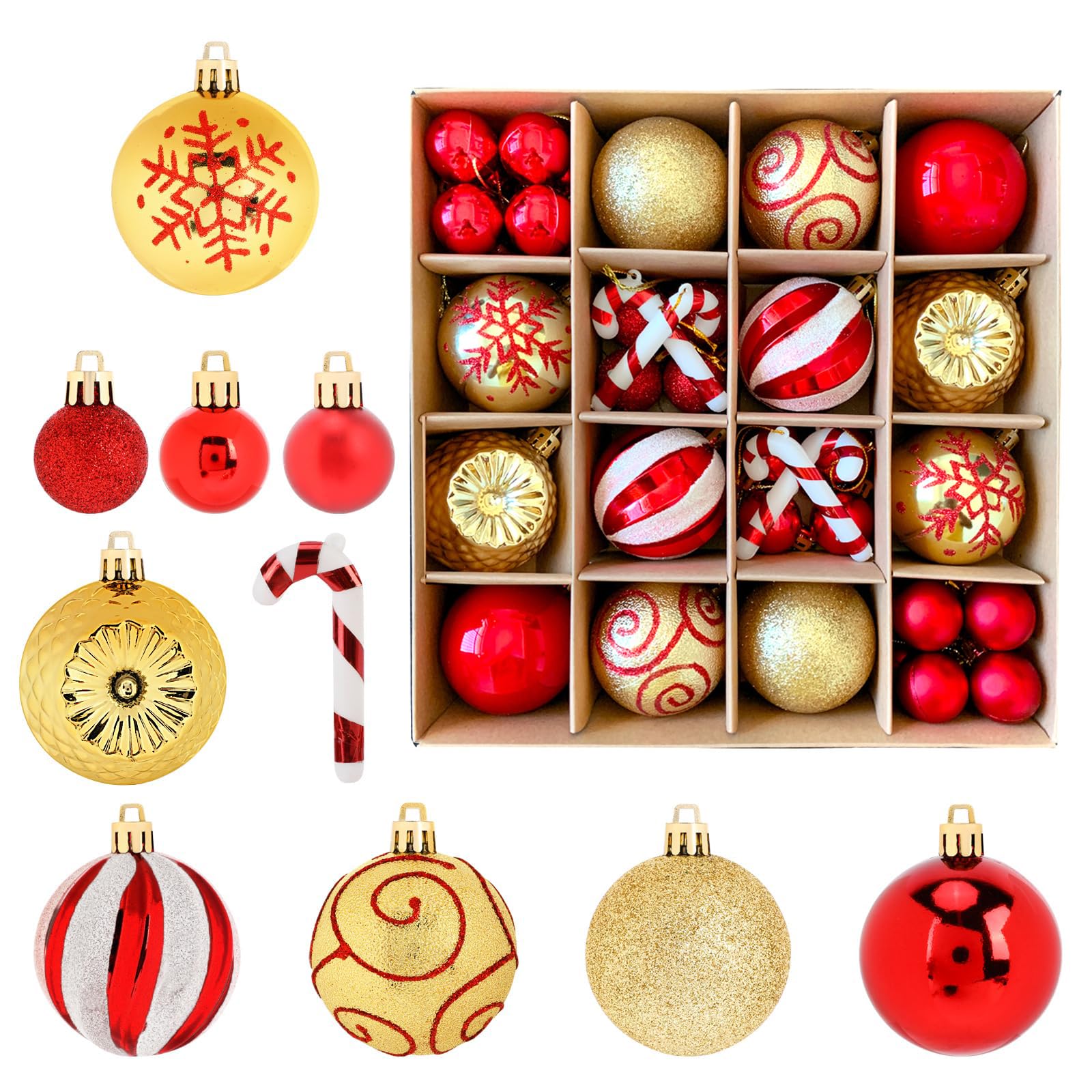 Bolas Arbol Navidad Adornos Navideños, 40 Piezas de Decoración para el Árbol de Navidad Rojo, Blanco, Bastón de Caramelo, Bolas de Purpurina Dorada