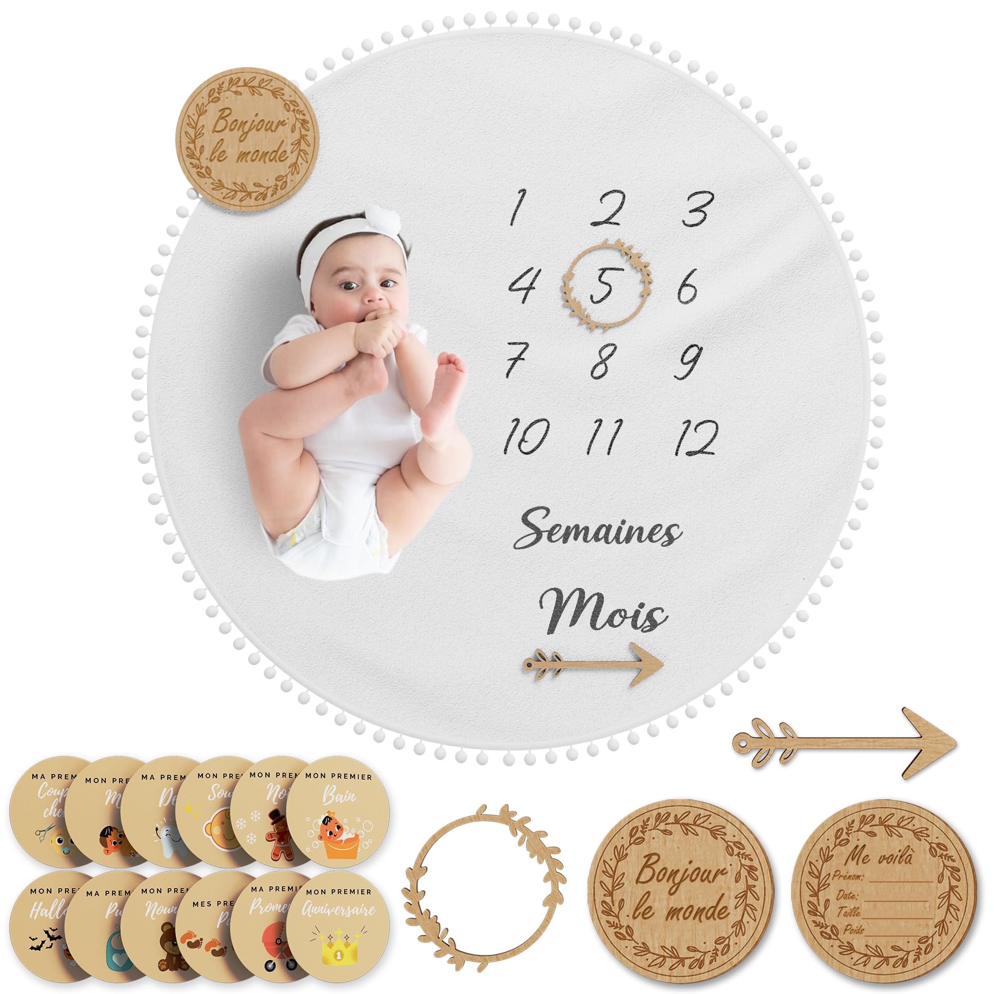 Couverture Étape Bébé Imprimée Double Face – Tapis Mois Bébé En Français, Cadeau Naissance Idéal Fille Ou Garçon, OEKO-TEX