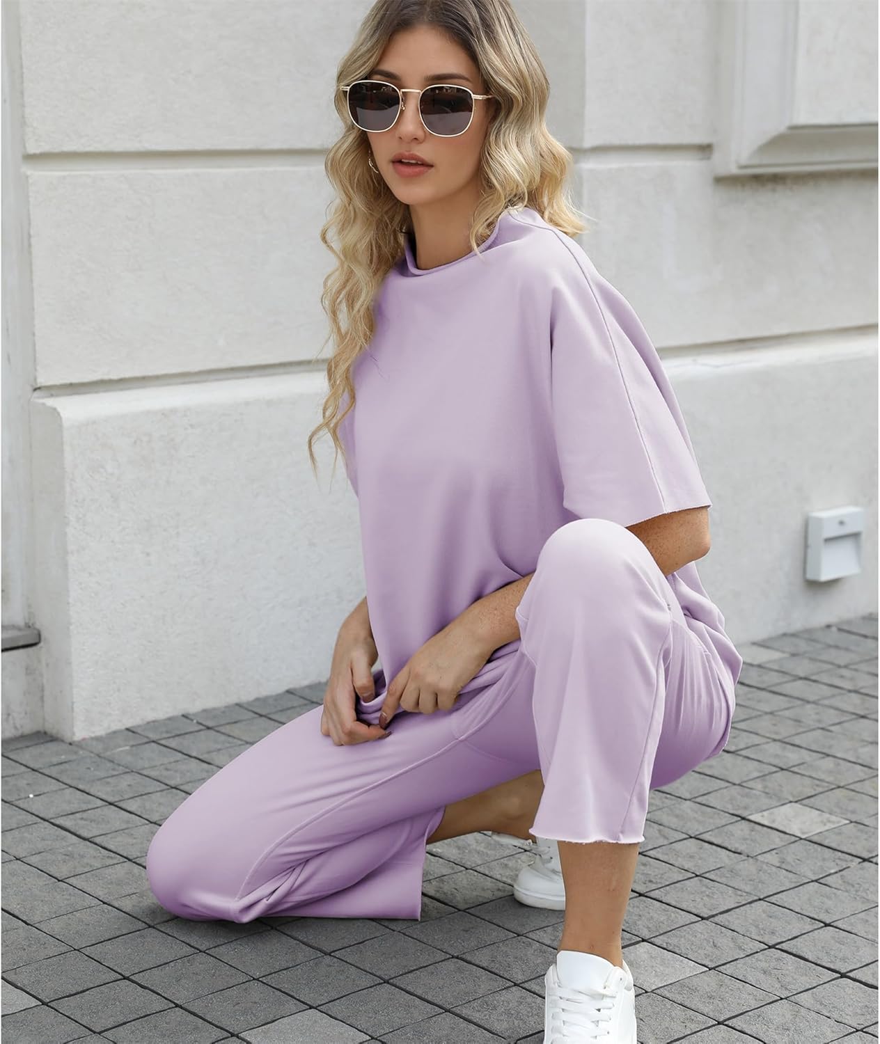 Women's Two Piece Outfits 3/4 Batwing Sleeve Capelet Crew Neck Pullover Top Wide Leg Pants Lounge Set - Image 7