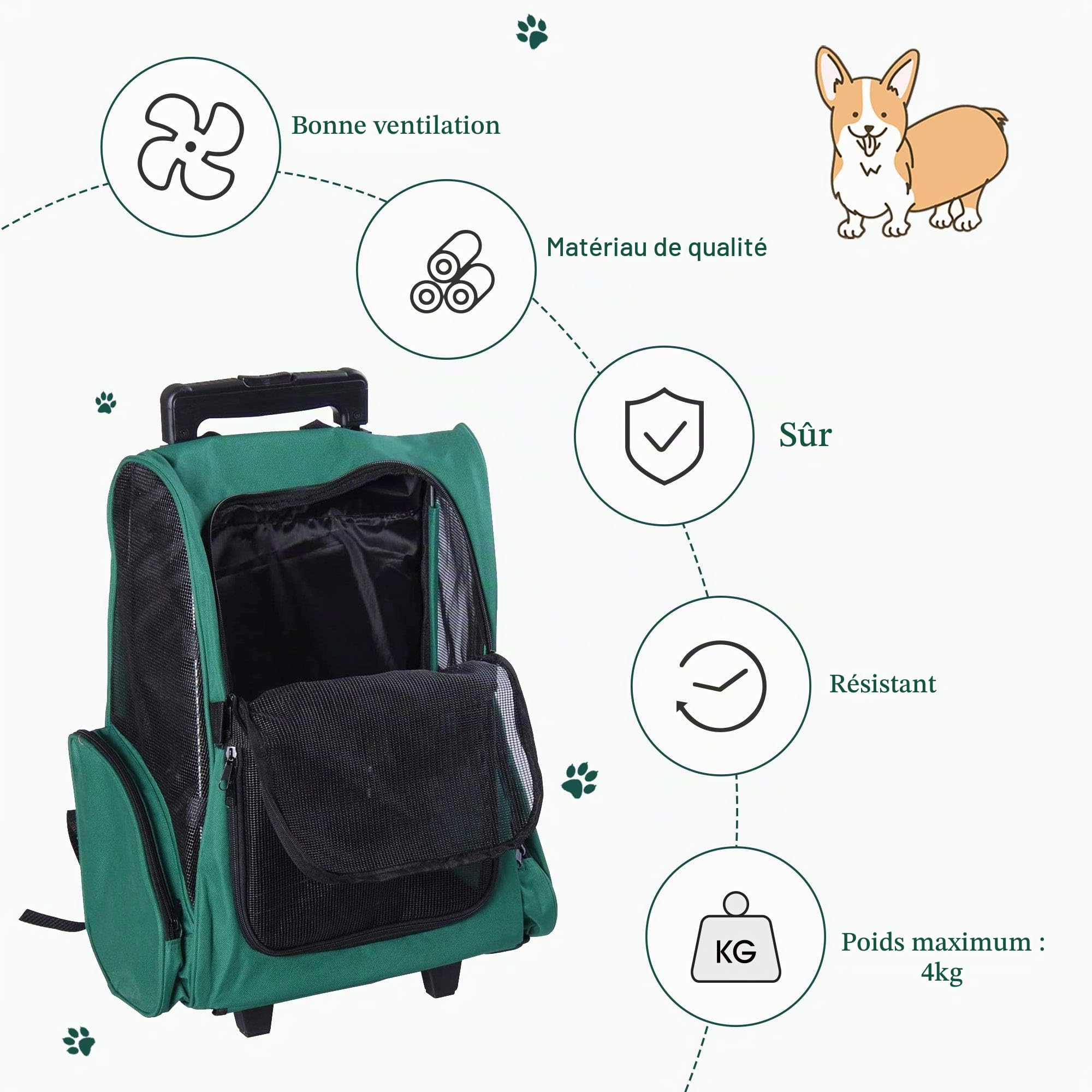 PawHut Sac à dos 2-en-1 pour animaux avec roulettes 42x25x55cm Vert