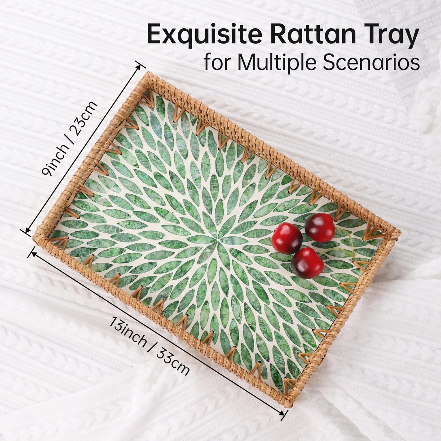 Rectangle Rattan Tray with Mother of Pearl Inlay, Rattan Serving Tray with Handle for Coffee, Bread, Fruits, Snacks, Decorative Wicker Tray for Table Decor (Rectangle Green Leaf, 13"×9") - Image 9