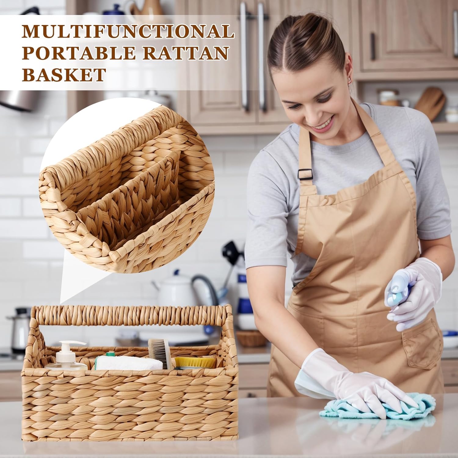 Portable Shower Caddy with Handle Rattan Woven Cleaning Caddy Organizer Water Hyacinth Wicker Shower Basket for Bathroom Kitchen Bedroom Storage, Dorm Room Essentials