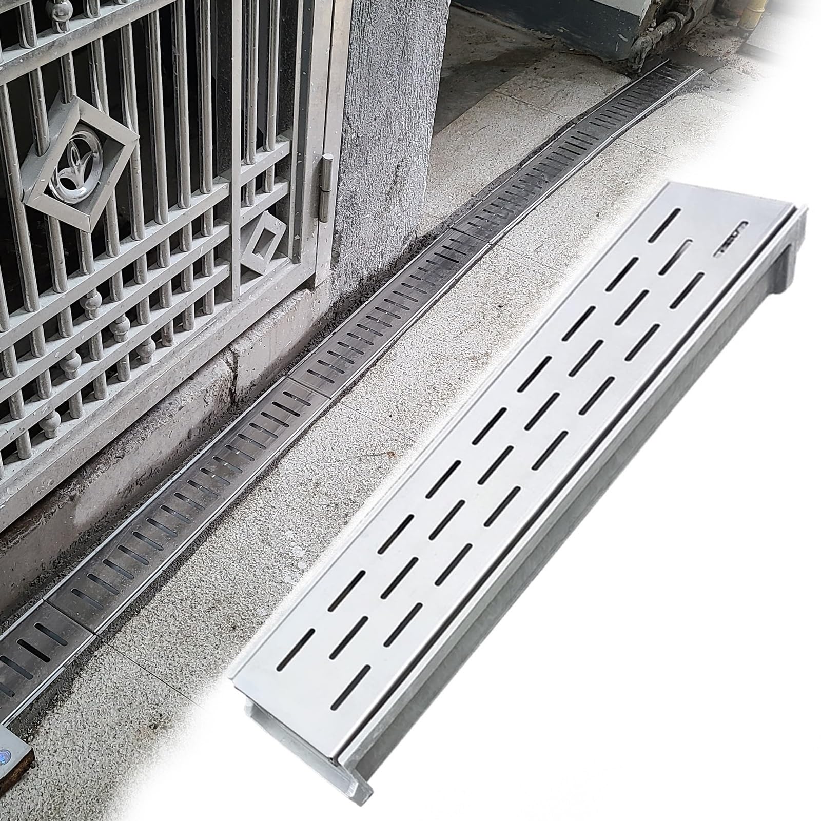 Drains de tranchée en résine SMC et grille inox argent pour une finition de sol haut de gamme