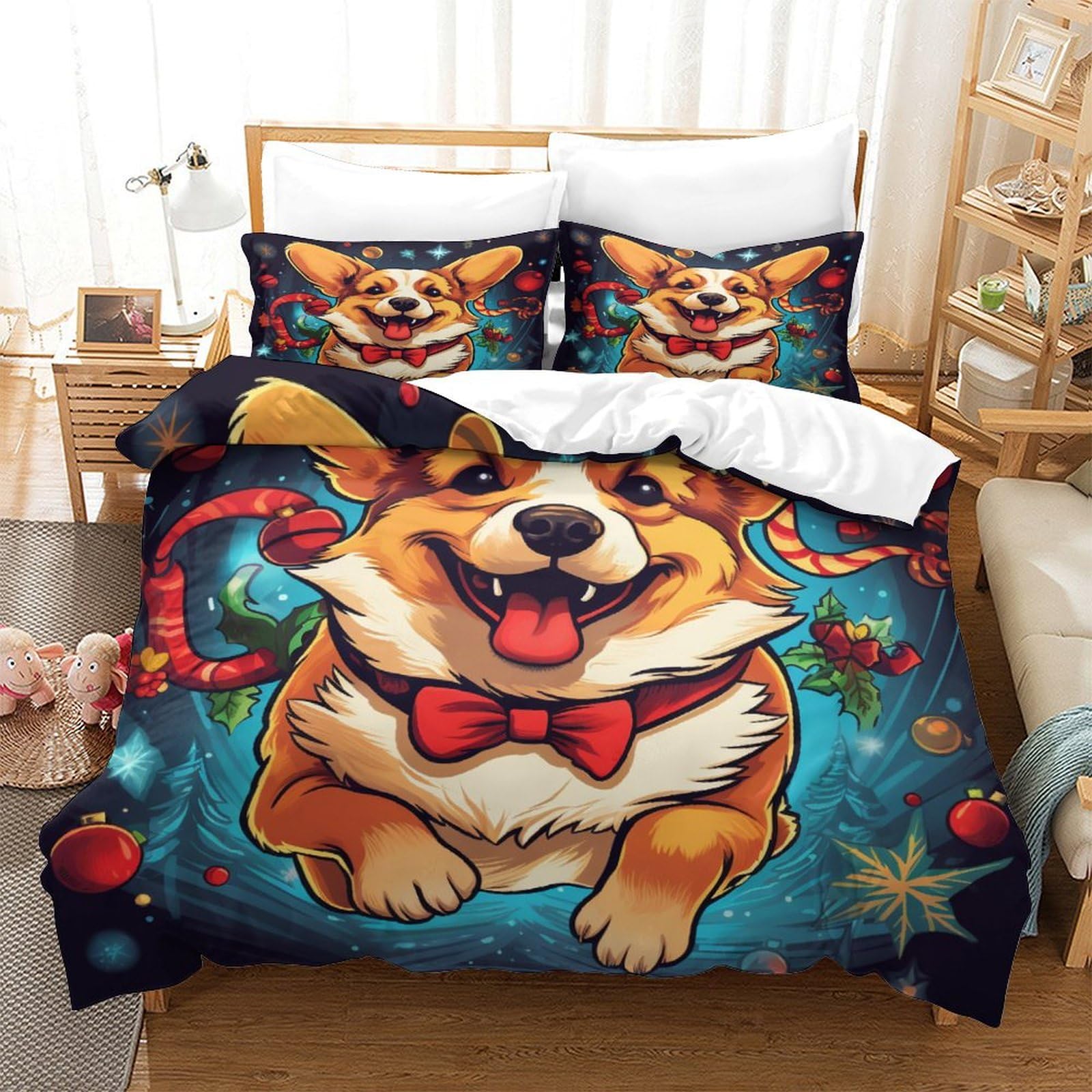 Housse de couette Corgi 3D pour chambre d'enfant et adulte grand lit douillet 260x220