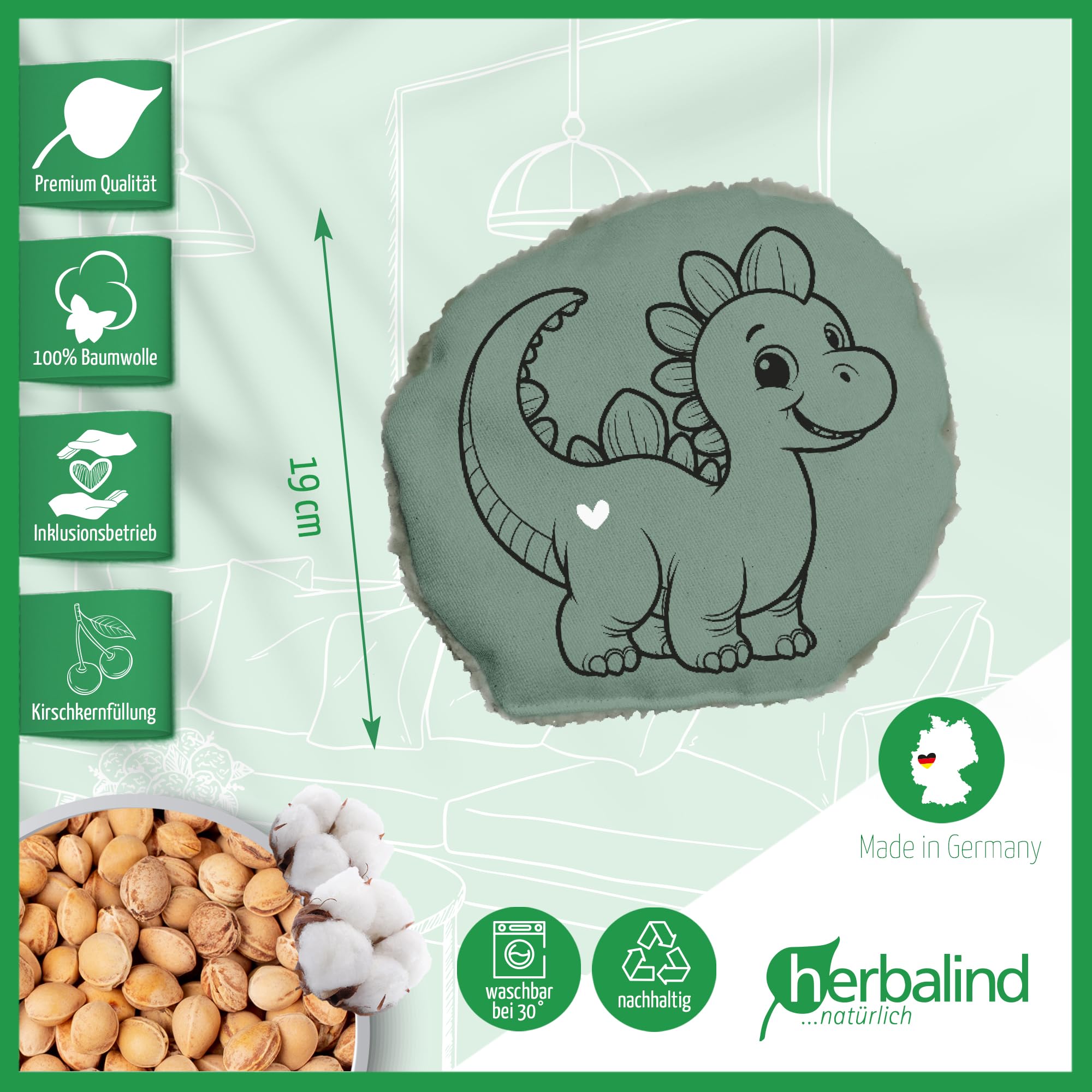 HERBALIND Kinderset 2x Kirschkernkissen für Kinder und Babys Dino & Schaf - 100% Baumwolle Plüsch Wärmekissen, wärmende Kissen 19x19 cm als Wärmflasche mit Kirschkernen
