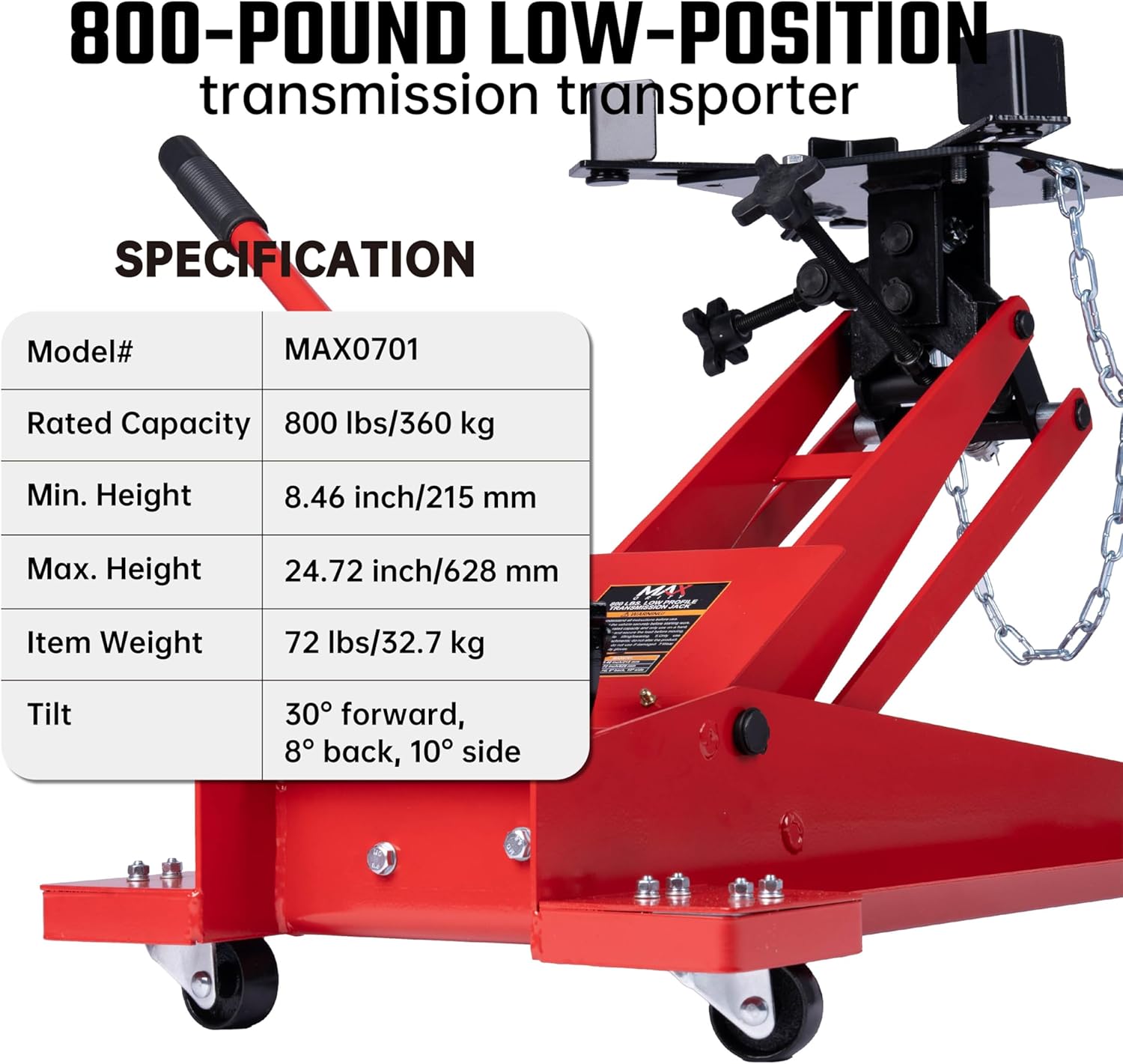 800 lbs Adjustable Hydraulic Transmission Jack – Low Profile Telescoping Floor Lift with 360° Swivel Casters, Heavy-Duty Steel Construction