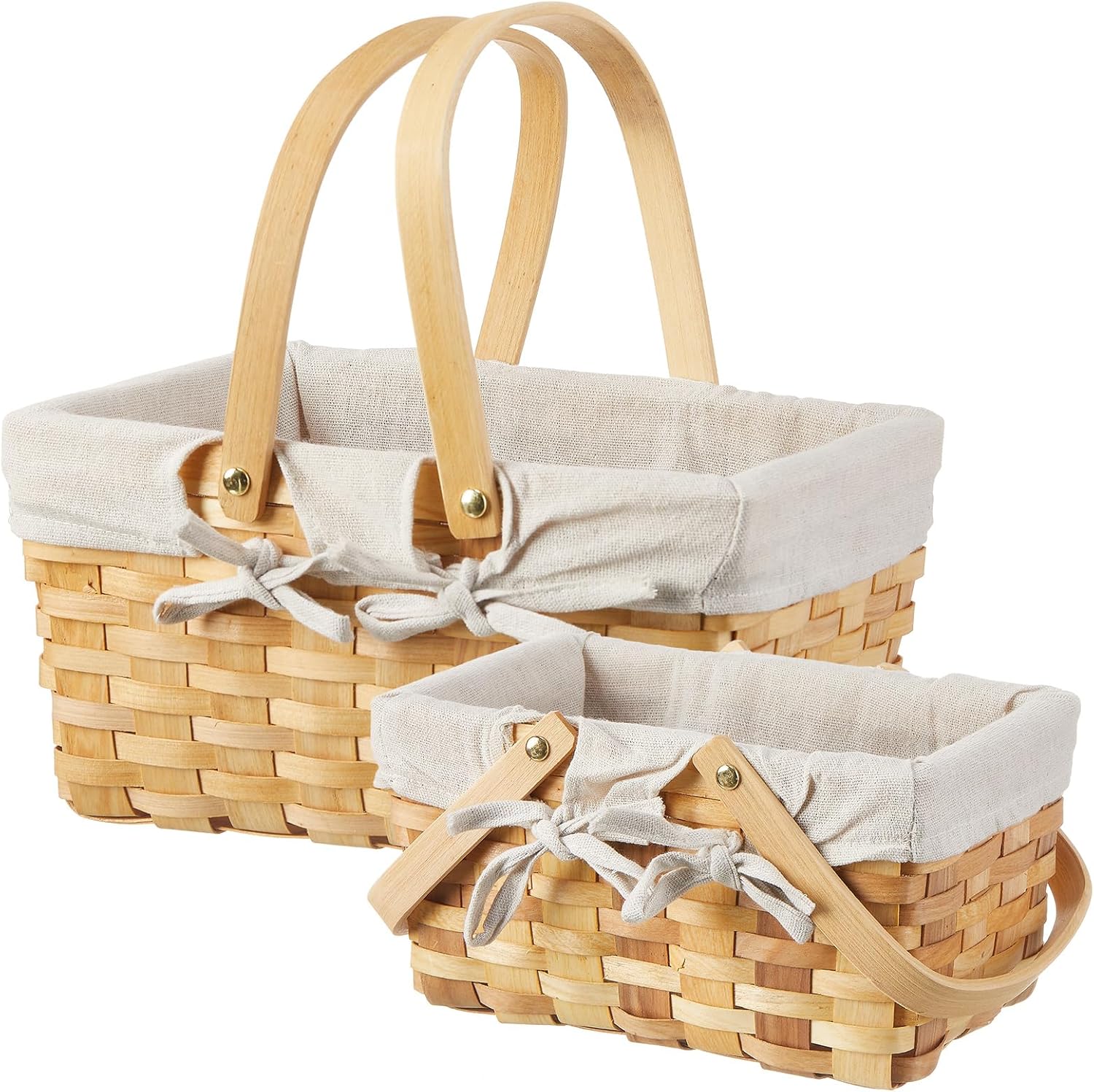 Patelai 2 Pieces Different Sizes Picnic Natural Woven Basket with Double Folding Handles and Removable Liner Woodchip Basket for Halloween,Picnics,Gifts,Candy Fruit Storage(Natural Color)