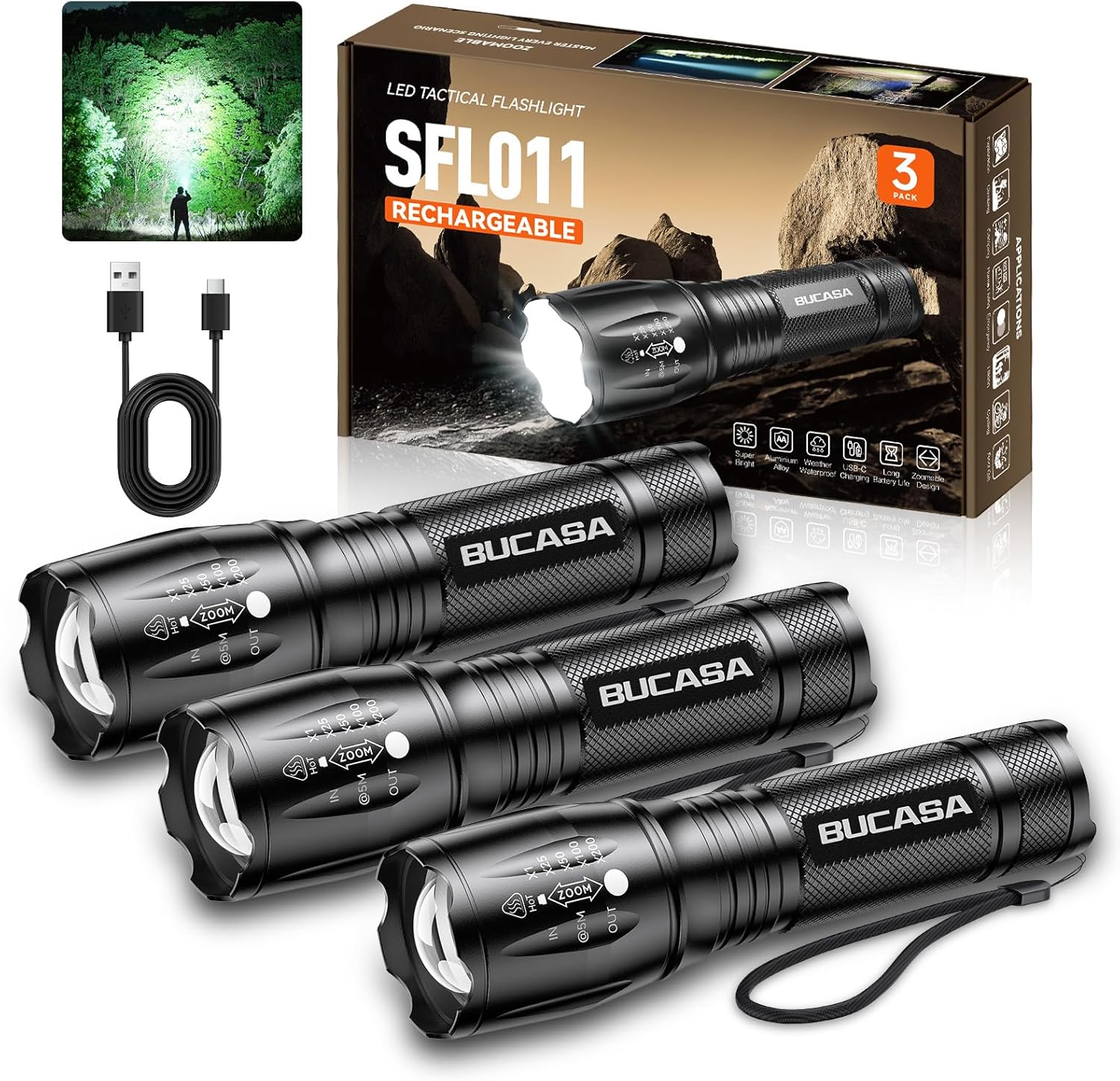 3 Pack Rechargeable Flashlights High Lumens, Brighter Small Flashlight Powerful Tactical Flashlights Rechargeable, Waterproof LED Flashlight with 3 Modes Zoomable for Camping Emergency