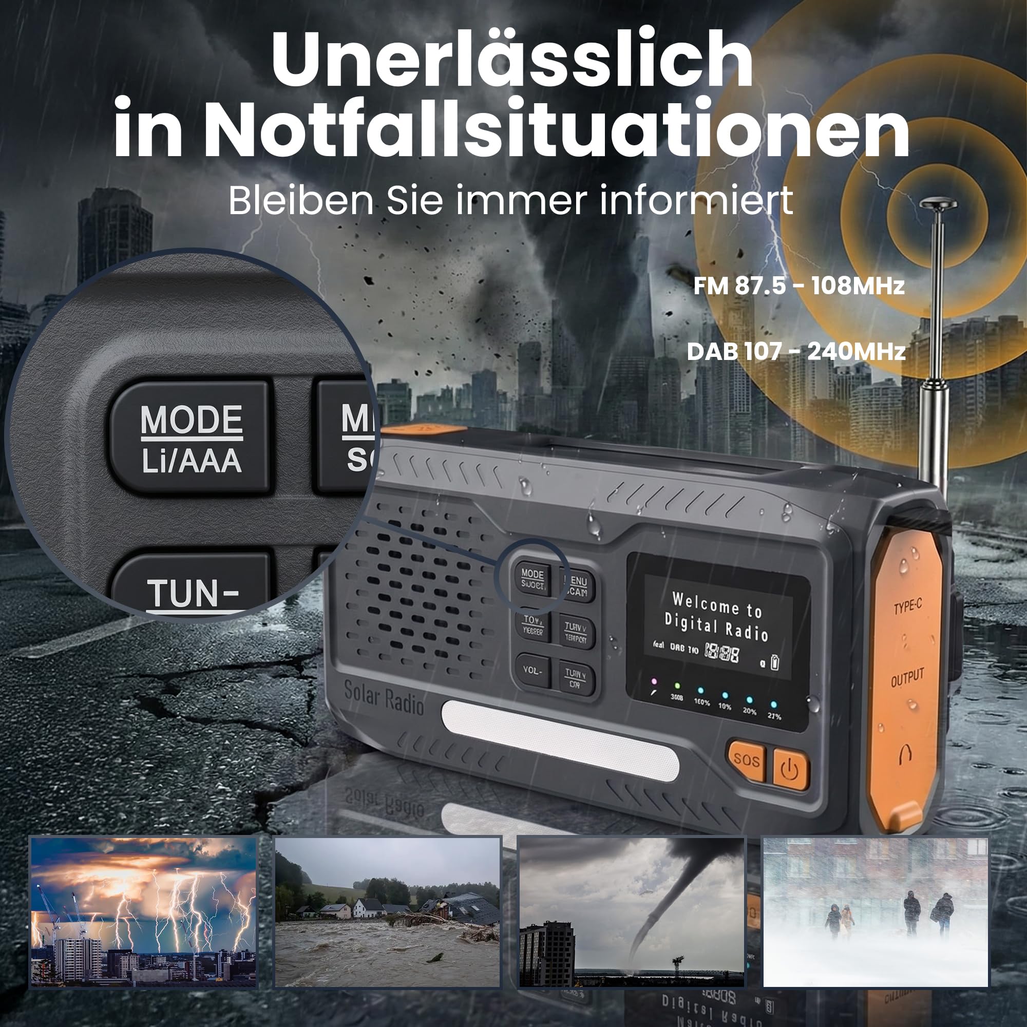 Extralink Kurbelradio Notfallradio mit Solar & Kurbel, Ladefunktion 4500 mAh, FM & DAB Radio mit Bluetooth, LED Taschenlampe & Leselicht, SOS Alarm, LCD Display - für Blackout, Camping & Outdoor