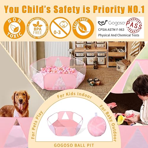 Miniatura 3 de GOGOSO Piscina de bolas desplegable para niños, color rosa, grande, para niños, tienda de campaña plegable para niños pequeños, para gatear, valla