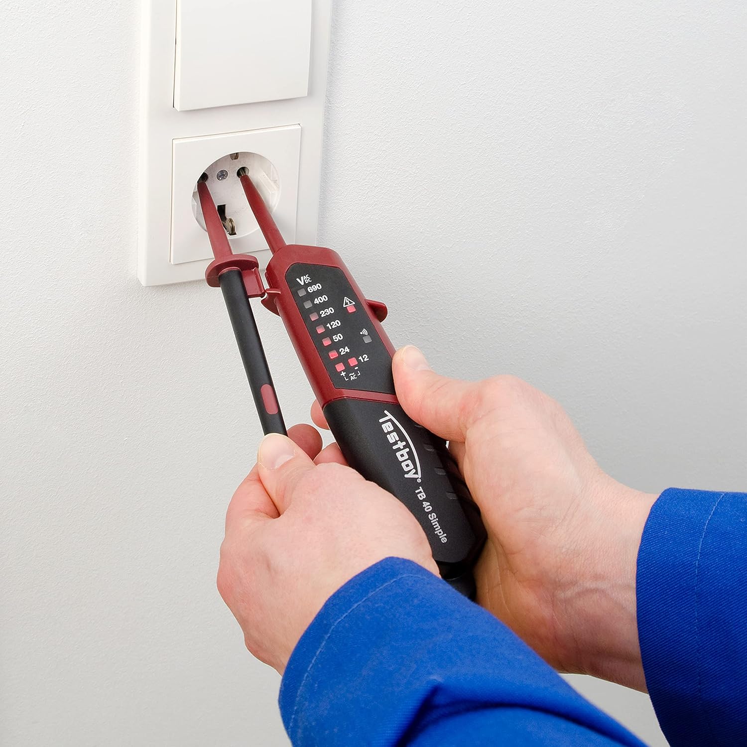 40 Simple Bipolar Voltage Tester, Electrical Testing Continuity Tester with LED Display for DC and AC Voltage (One Handed Operation, Voltage Range 12-690V AC/DC), Black/Red