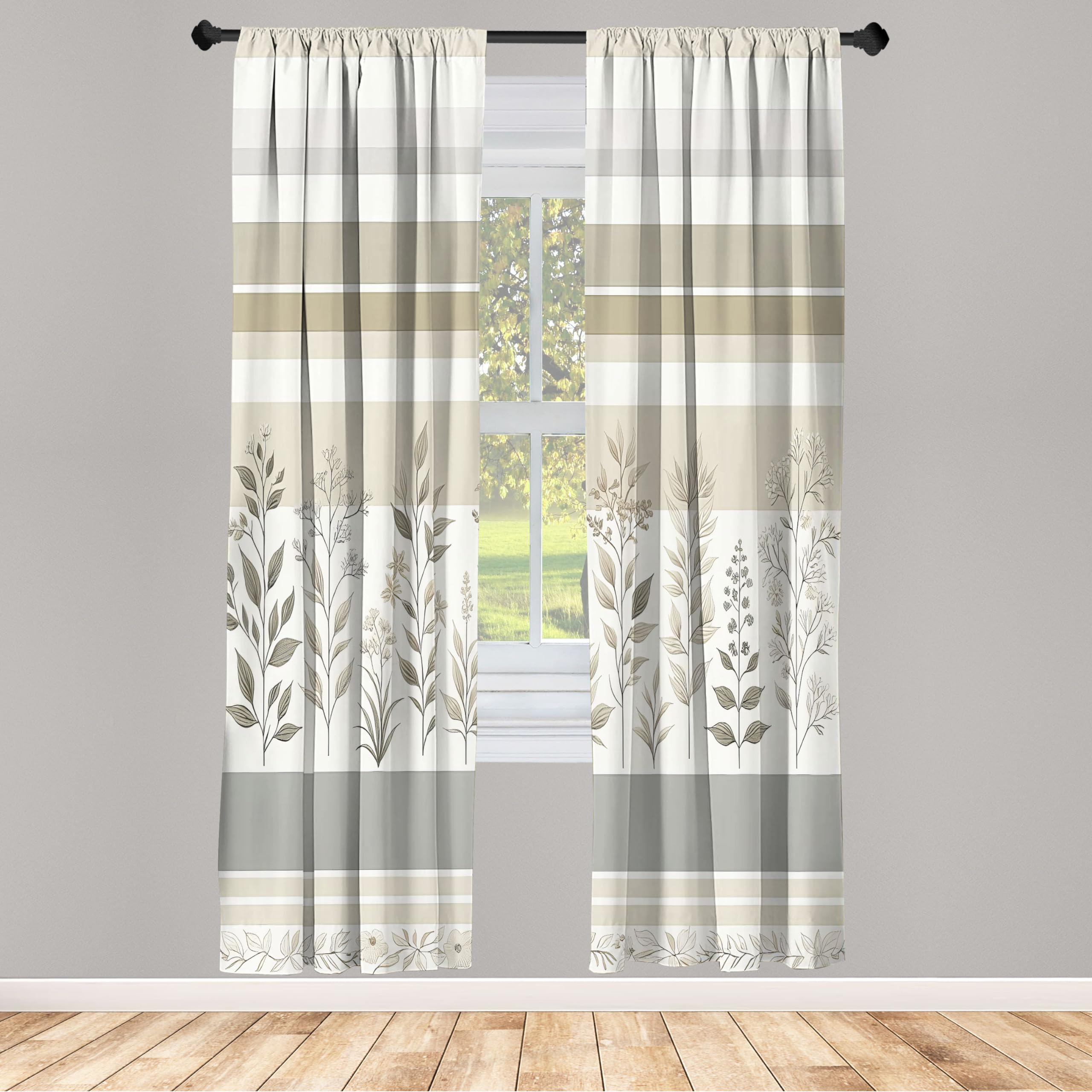 Ambesonne Striped Window Curtains, Modern Minimalist Leafy Scene Neutral Boho Stripes with Floral Details, Lightweight Decorative 2-Panel Set & Rod Pocket, Pair of - 28