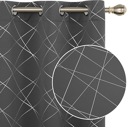 Deconovo Blackout Curtains for Bedroom & Living Room, Thermal Insulated, Room Darkening Drapes, Geometric, Grommet Top, 2 Panels, Dark Grey, 42W x 45L Inch, Intersection