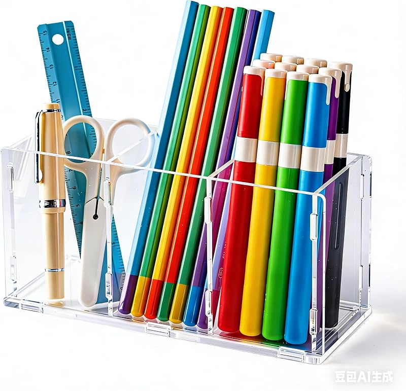 Clear Acrylic Desk Organizer, Premium pencil holder for desk 3 Slot Desktop Pen Holder Caddy for Makeup Organizer for Office, Bedroom, Bathroom & Kitchen (1, CLEAR)