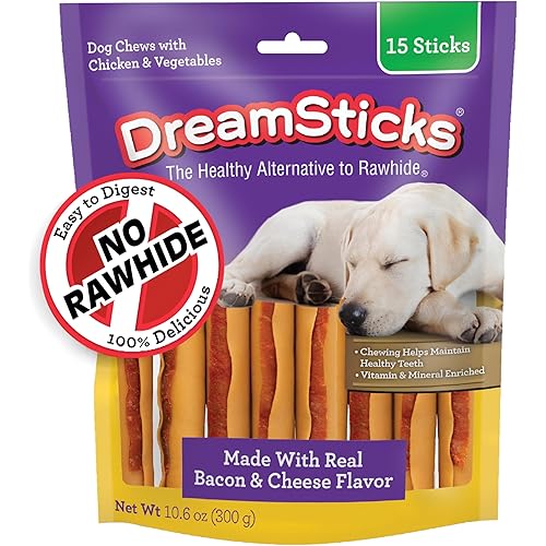 DreamBone DreamSticks with Real Bacon and Cheese Flavor, Rawhide Free Dog Chew Sticks 15 Sticks