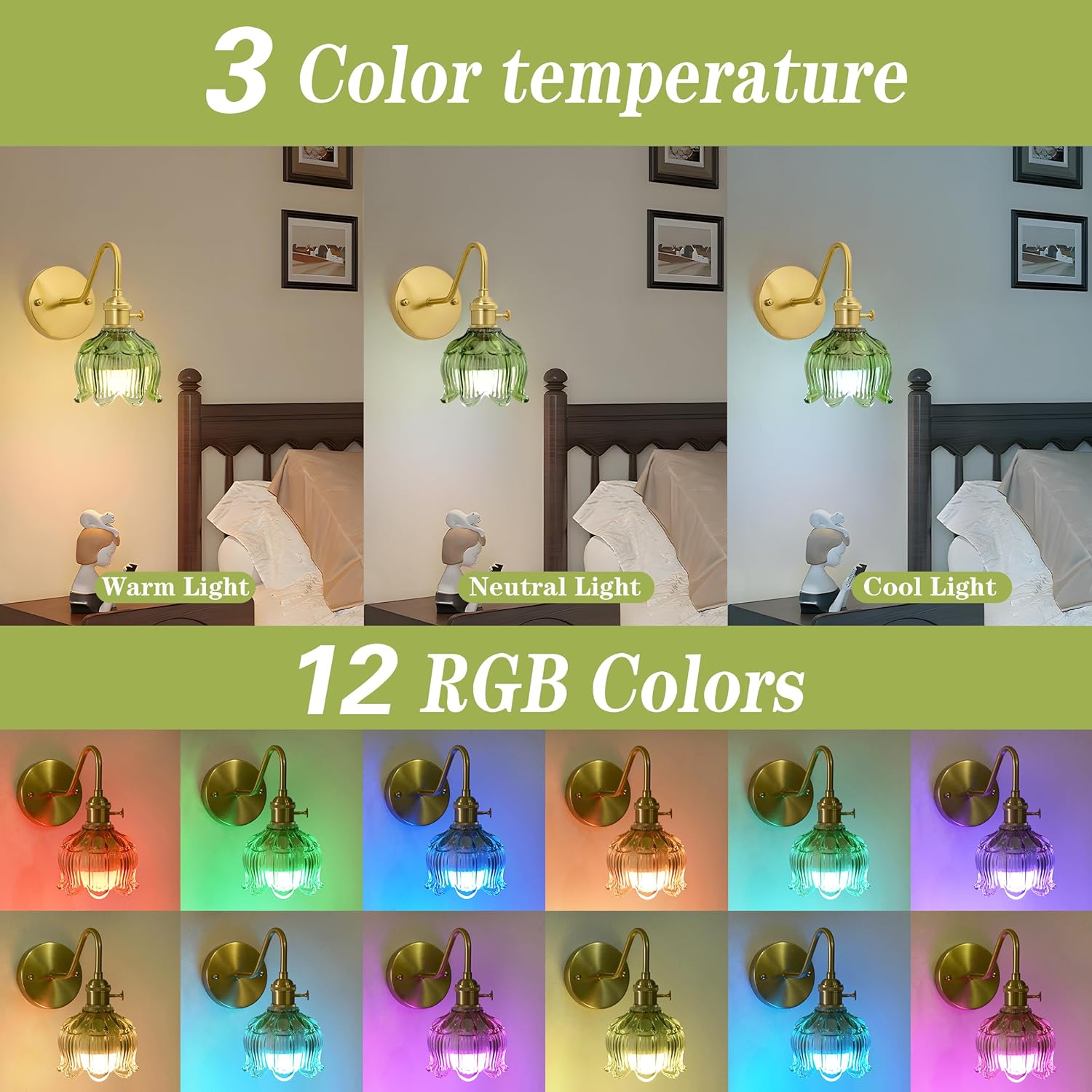 Battery Operated Wall Sconce Set of 2, Vintage Wireless Sconces with Green Tulip Glass Shade, 15 Color Temp, 5000mAh Rechargeable Battery, Remote Control Wall Lights for Bedroom, Living Room